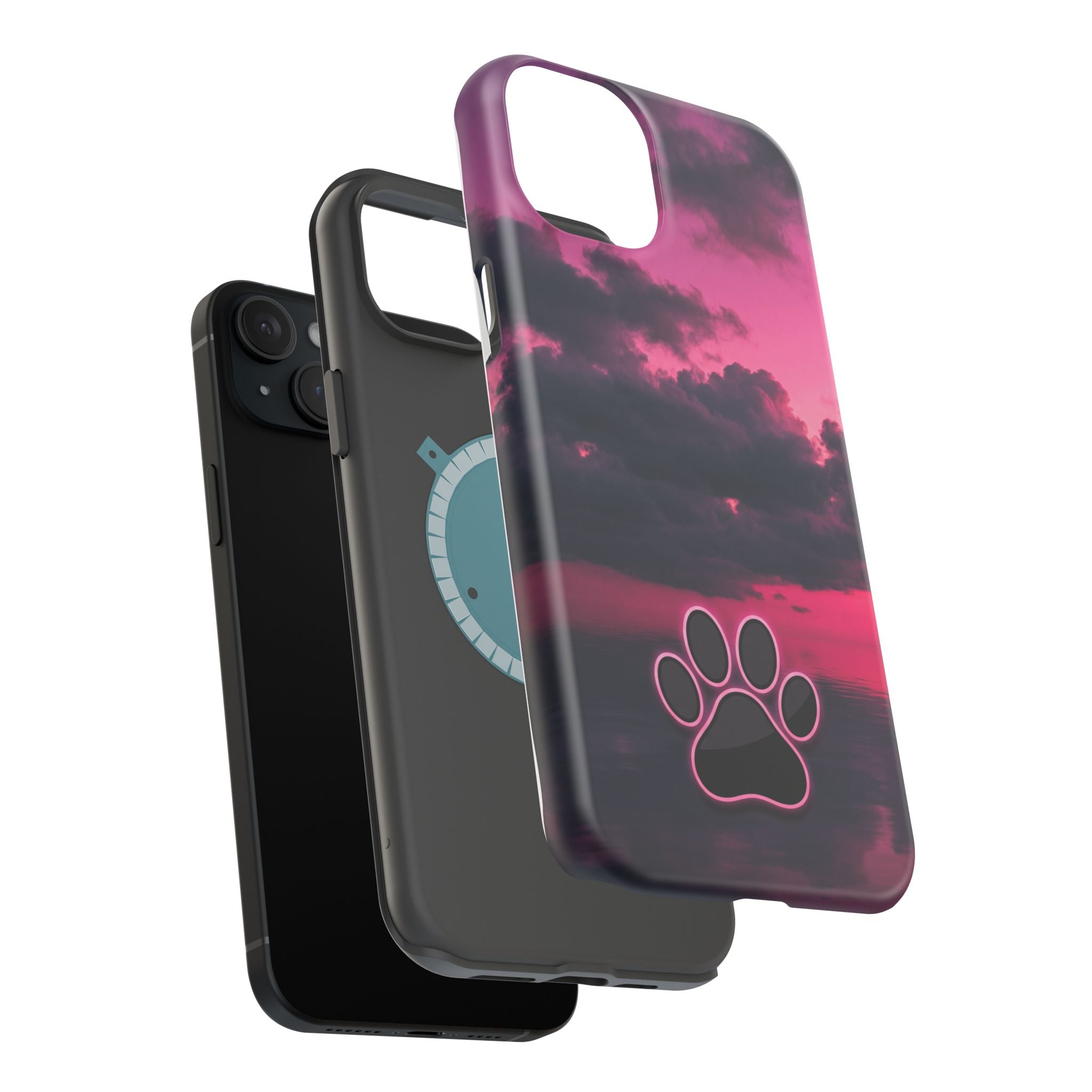iPhone & Samsung Magnetic Impact-Resistant Phone Case — Pink Twilight Cloud with Paw Print
