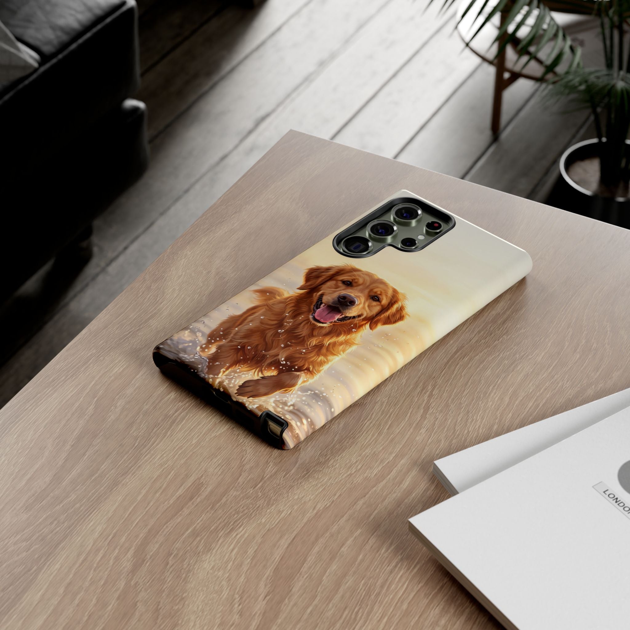 Golden Retriever Splashing in Water Phone Case | Joyful Dog at Golden Hour | iPhone & Samsung