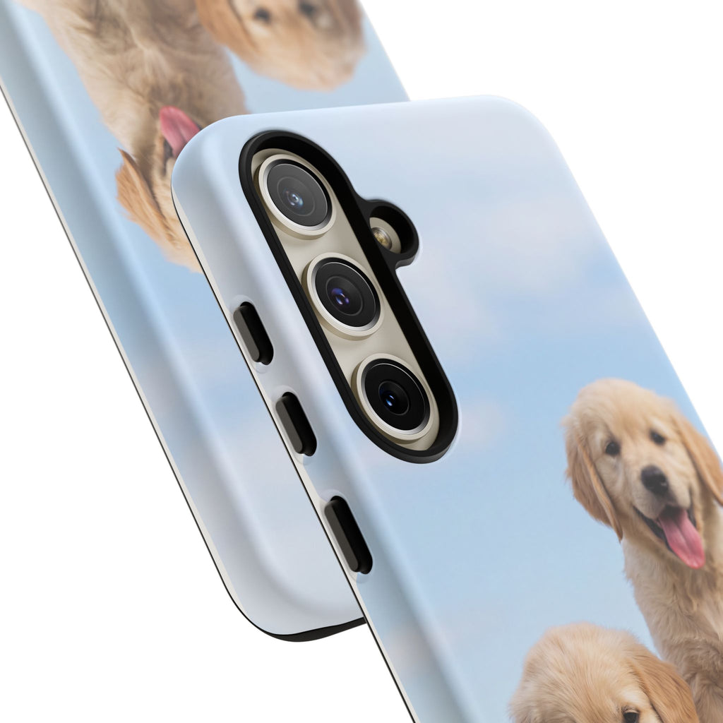 Golden Retriever Puppies on Barrel Phone Case | Cute Duo Under Blue Sky | iPhone & Samsung
