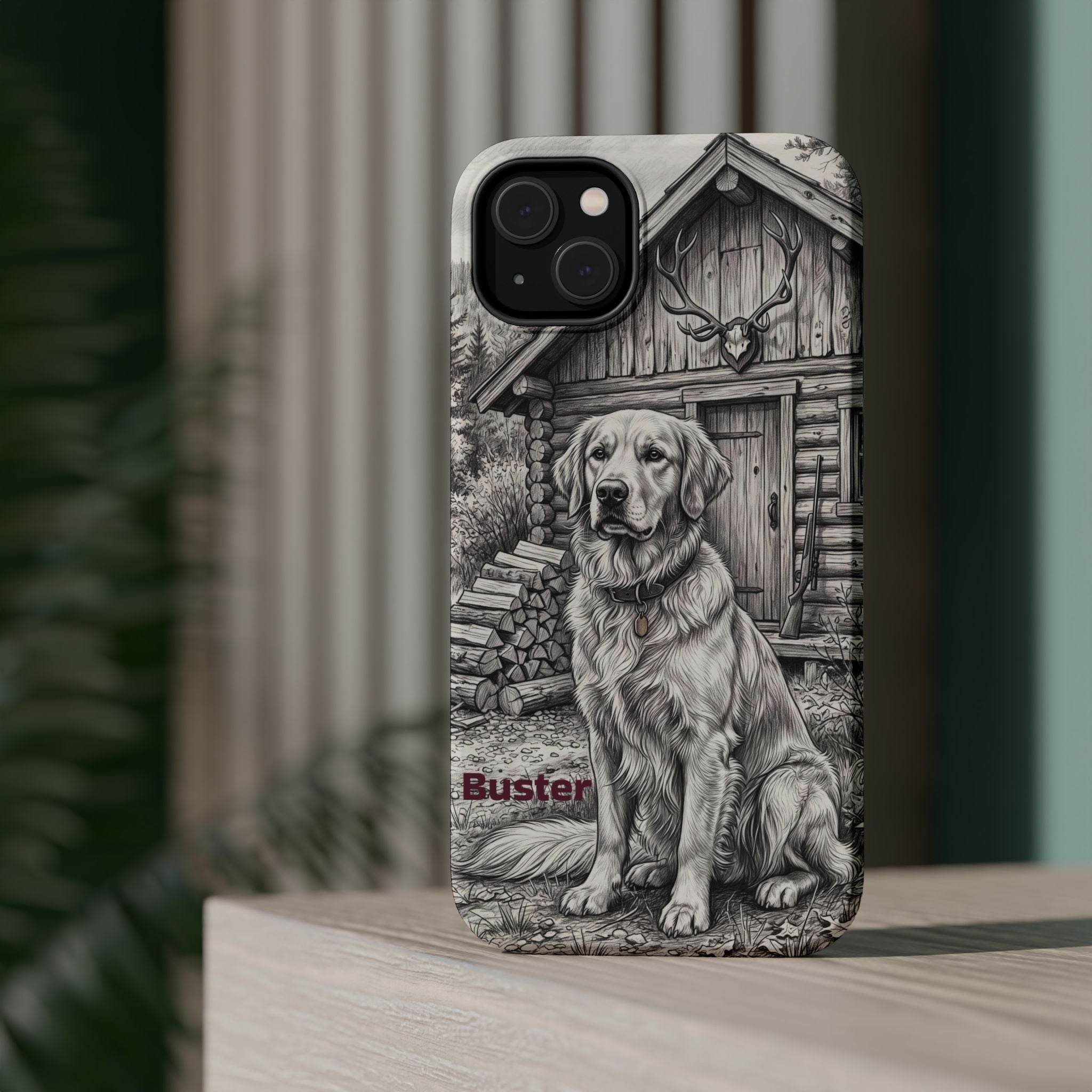 Personalized Golden Retriever Cabin Porch Phone Case — Wireless Charging Cover