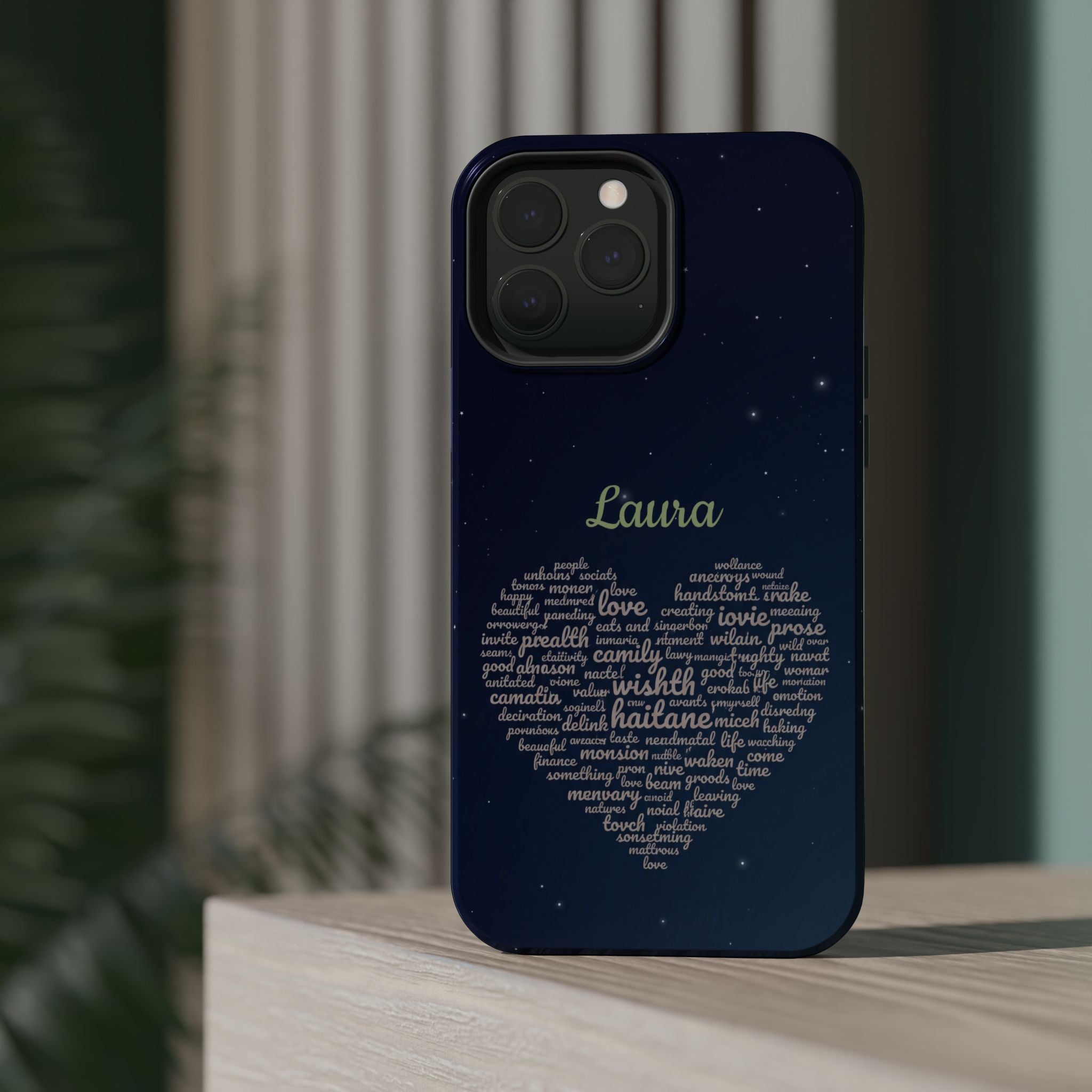 Personalized Teacher Heart Word Art Phone Case — Navy Wireless Charging Cover