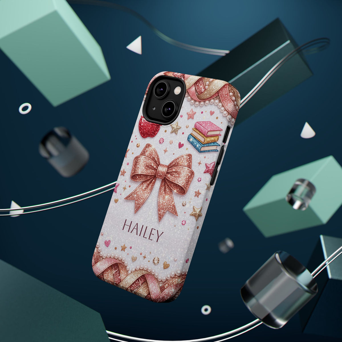 Rose Gold Glitter Bow Personalized Teacher Phone Case — Wireless Charging Cover