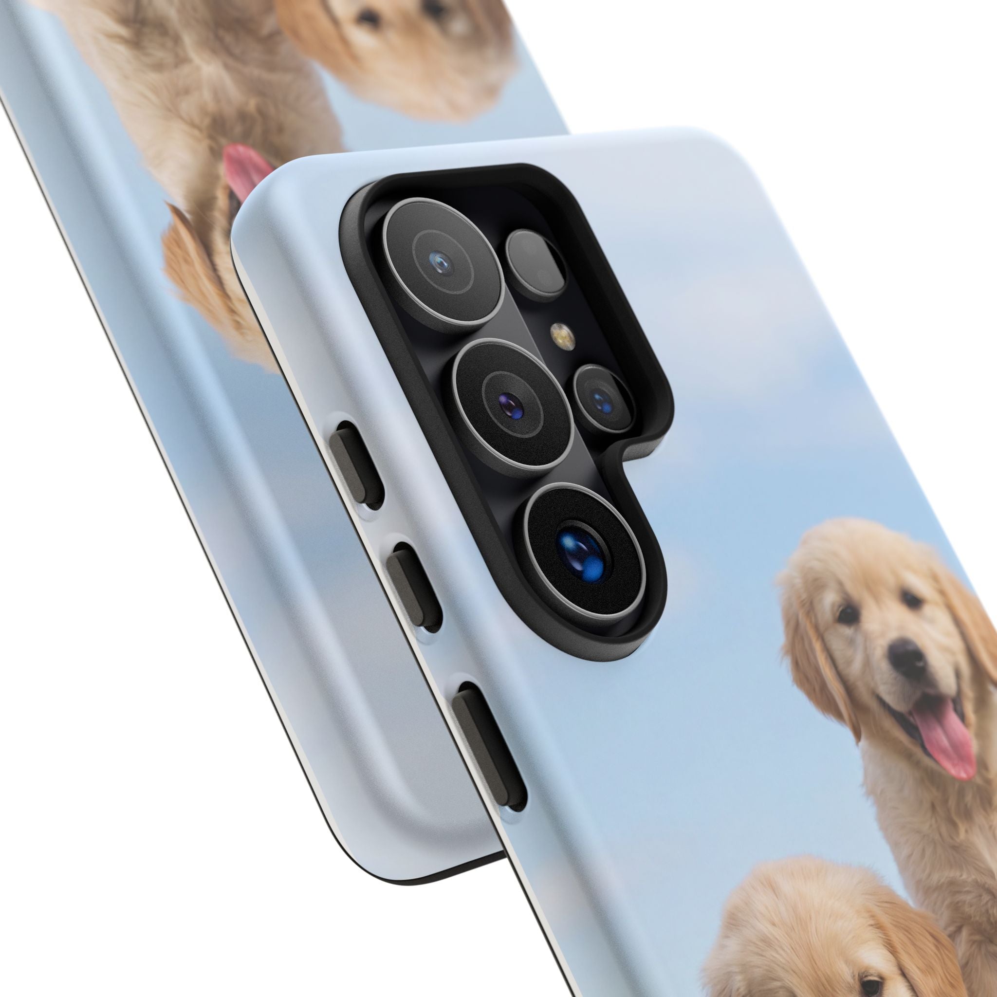 Golden Retriever Puppies on Barrel Phone Case | Cute Duo Under Blue Sky | iPhone & Samsung