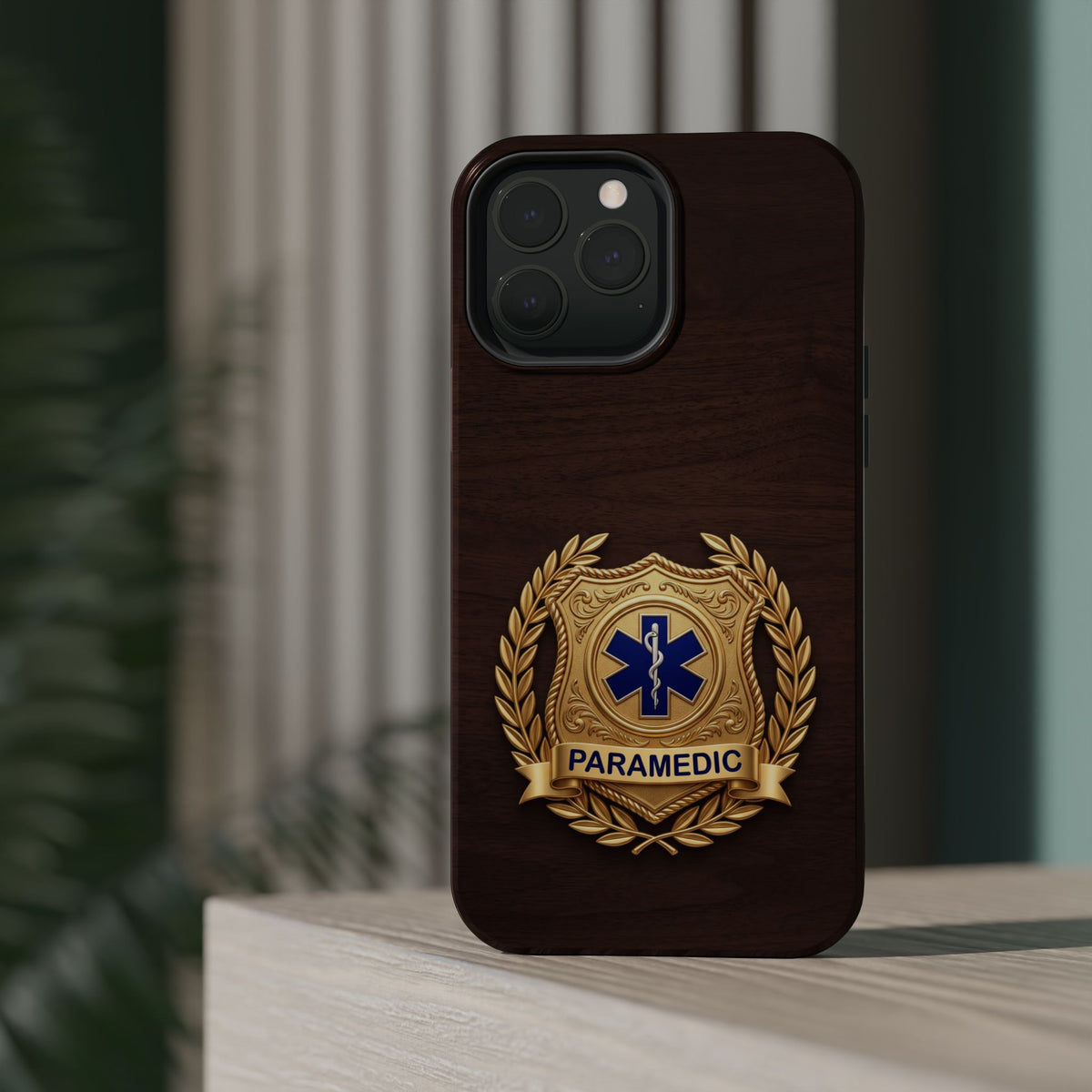 Gold Paramedic Laurel Badge Wood Phone Case — Magnetic Wireless Charging Cover