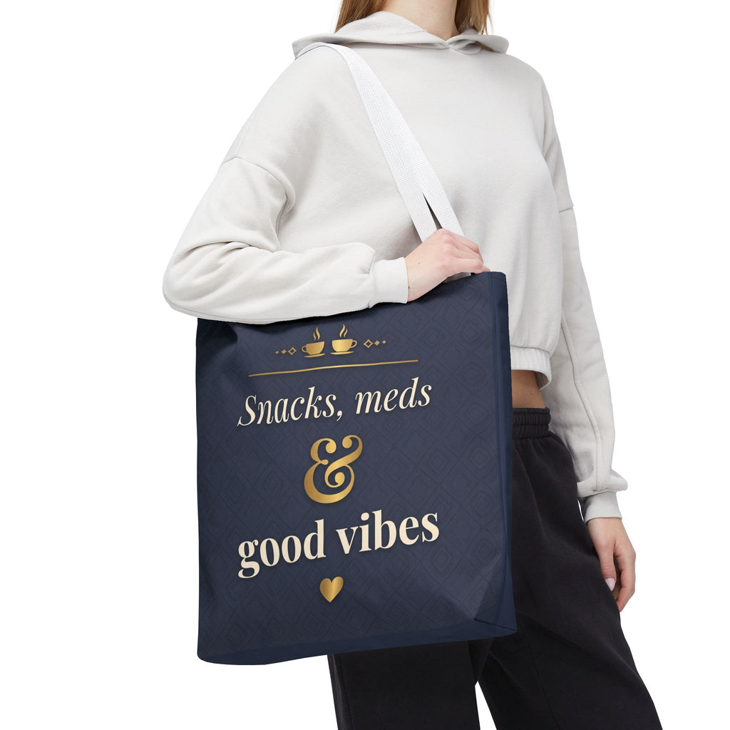 Snacks Meds & Good Vibes Tote | Funny Nurse Gift Tote Bag | Healthcare Worker Humour Gift | Premium Polyester Carry-All