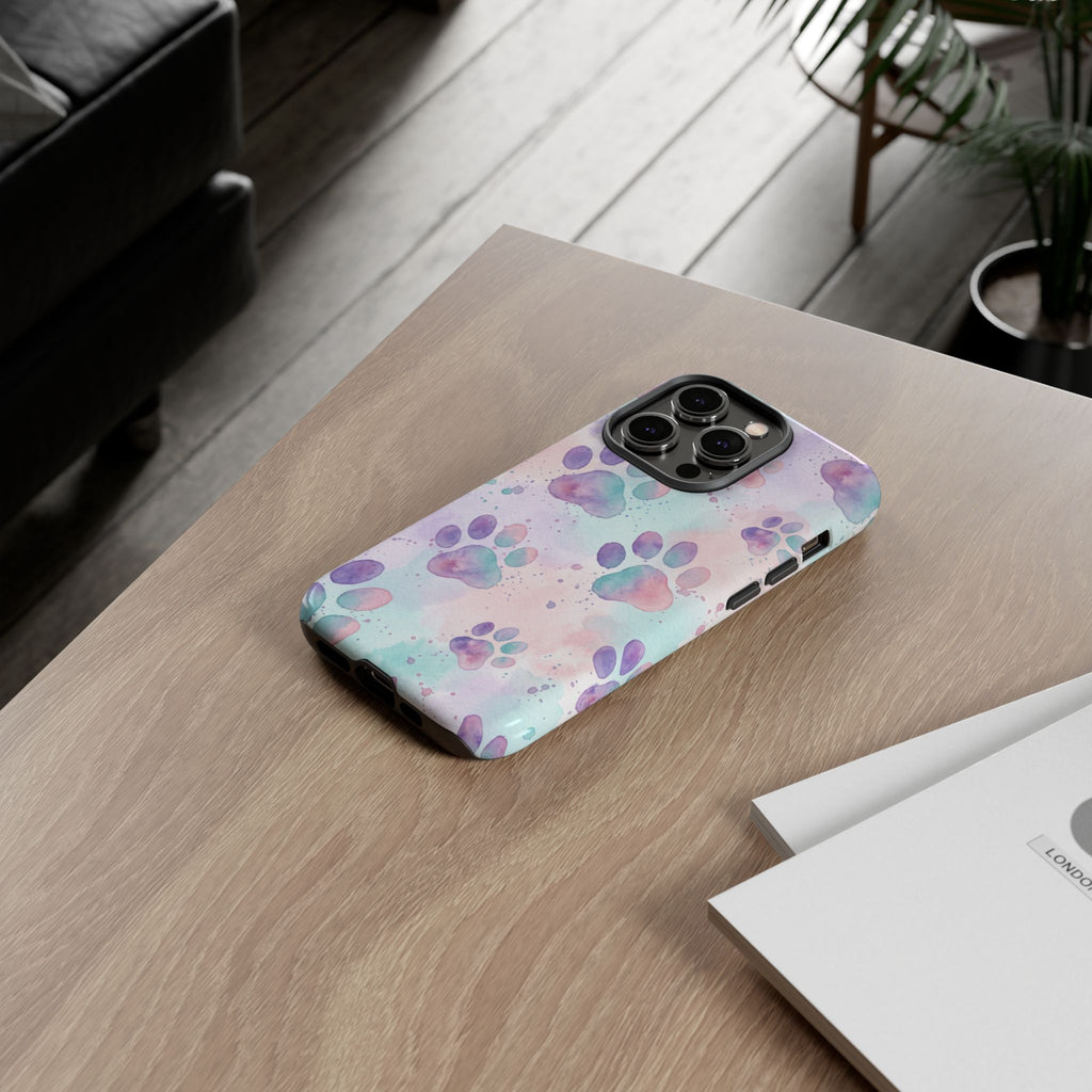 Watercolor Paw Print Phone Case | Pastel Purple, Teal & Pink Artistic Pattern | Samsung & iPhone