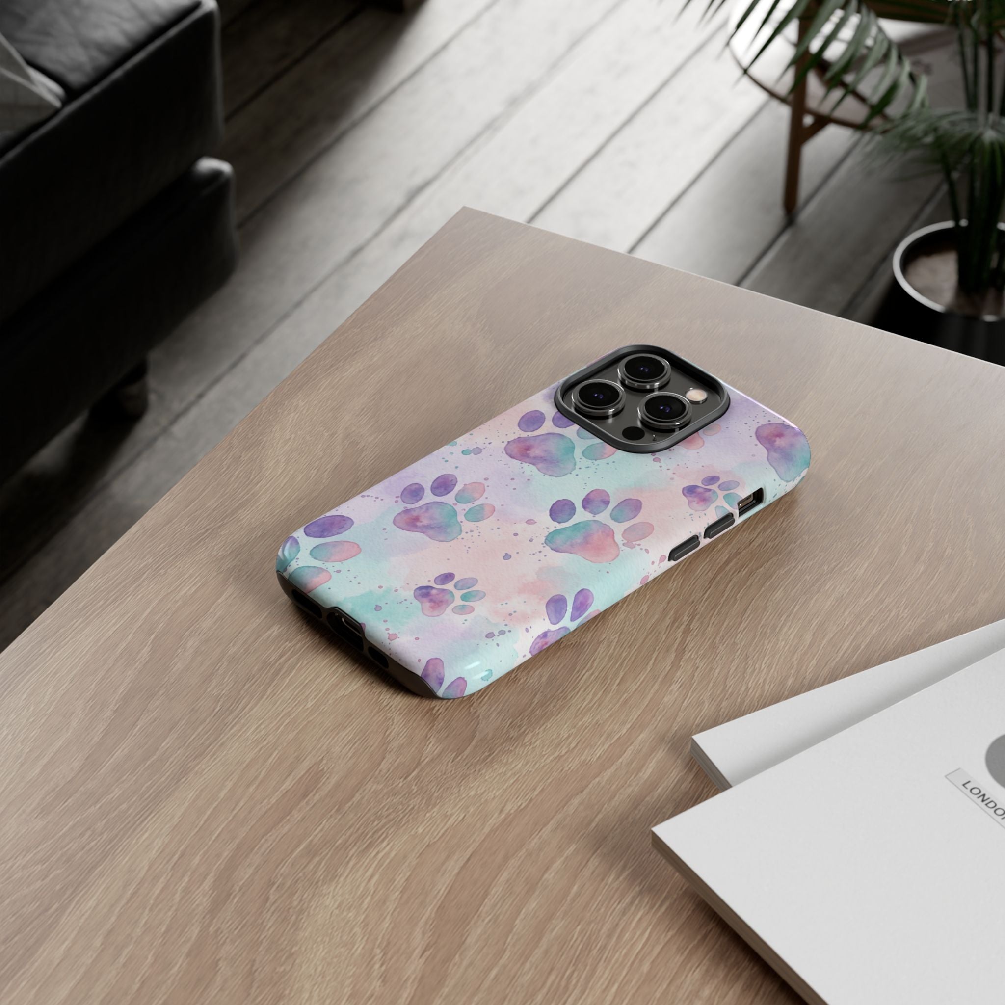 Watercolor Paw Print Phone Case | Pastel Purple, Teal & Pink Artistic Pattern | Samsung & iPhone