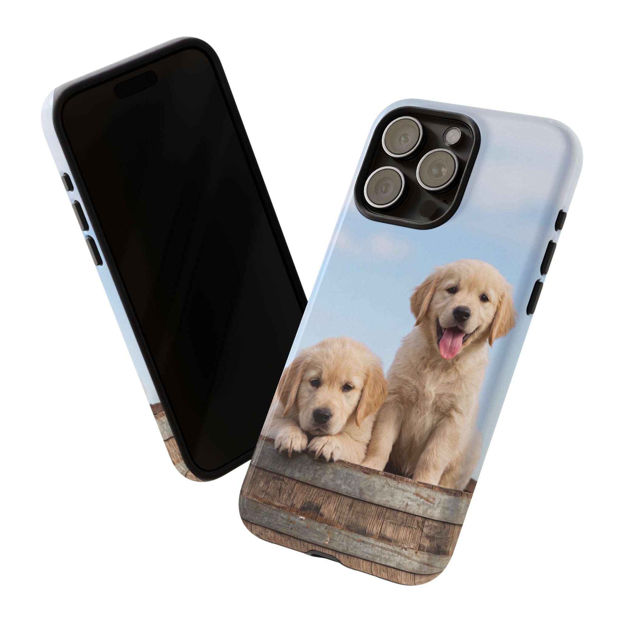 Golden Retriever Puppies on Barrel Phone Case | Cute Duo Under Blue Sky | iPhone & Samsung