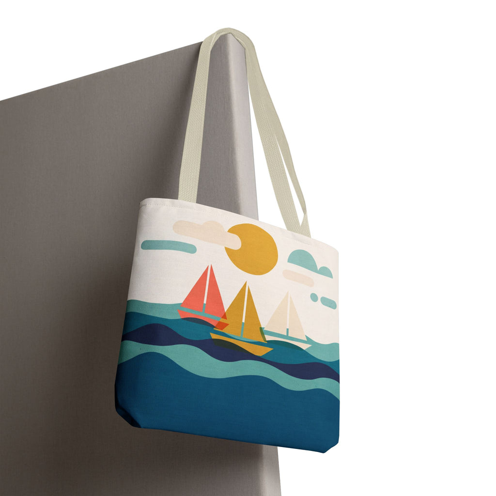 Minimalist Sailboat Tote Bag – Mid-Century Modern Ocean Waves Beach Bag