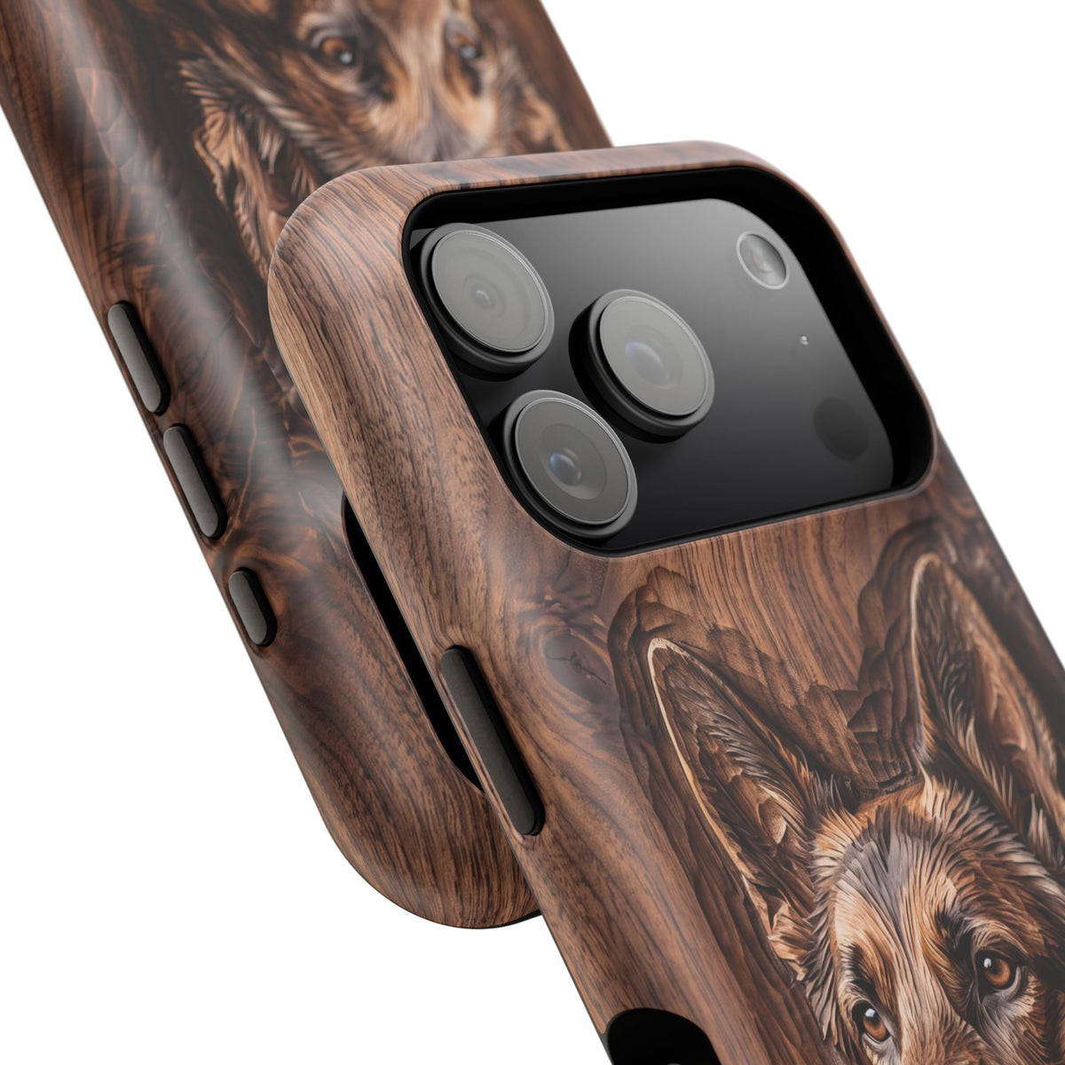 German Shepherd Phone Case | Carved Walnut Art — Tough Magnetic Case with Wireless Charging
