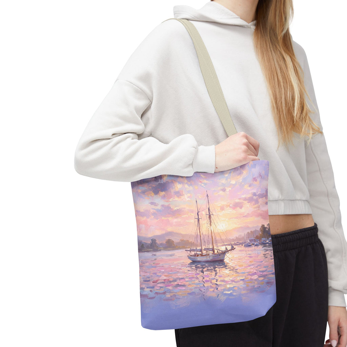 Pastel Sailboat Tote Bag – Impressionist Sunset Harbor Beach Bag