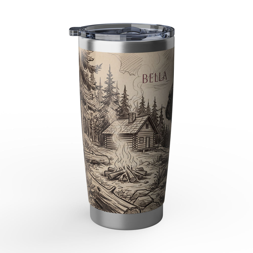 Frenchie Adventure Stainless Tumbler — 20 oz Personalized Travel Mug with Mountain Campfire Design