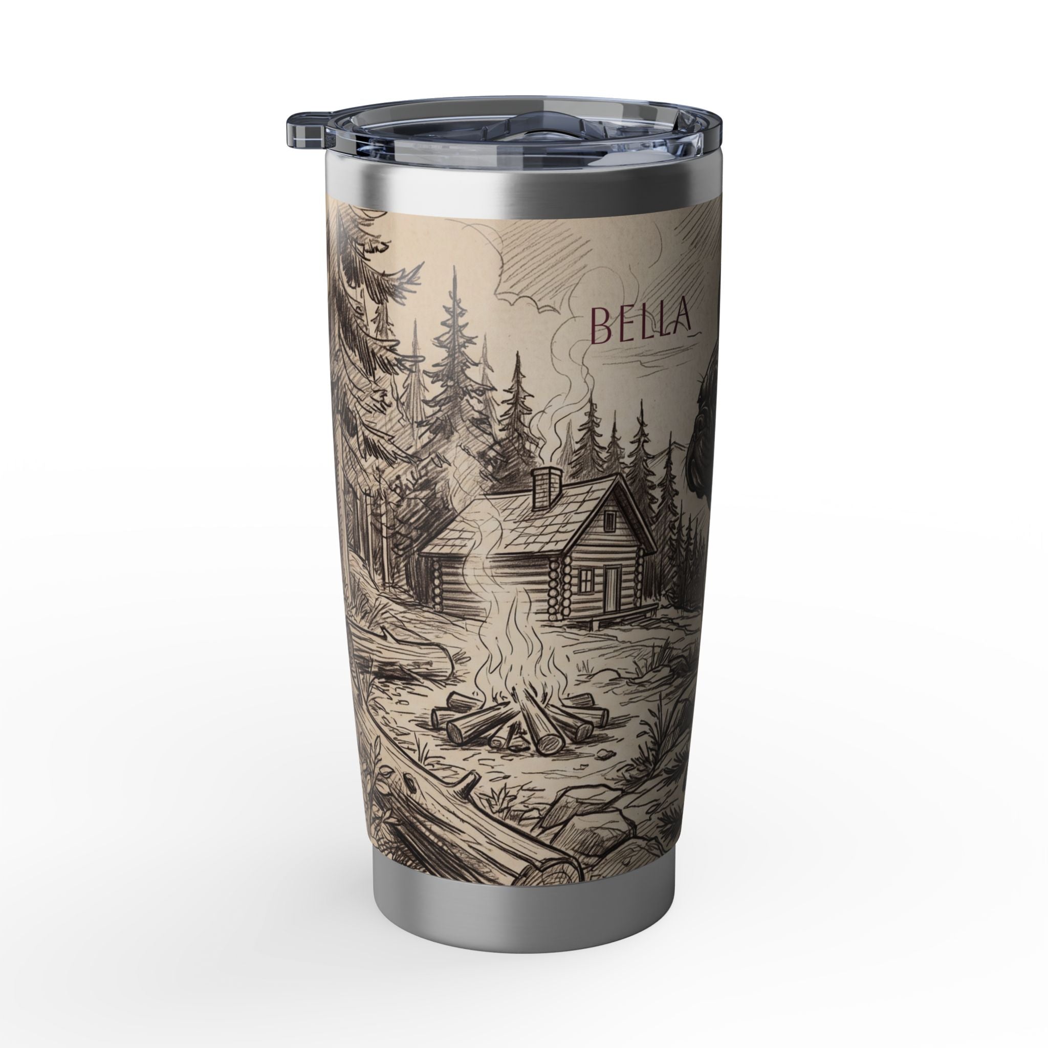 Frenchie Adventure Stainless Tumbler — 20 oz Personalized Travel Mug with Mountain Campfire Design