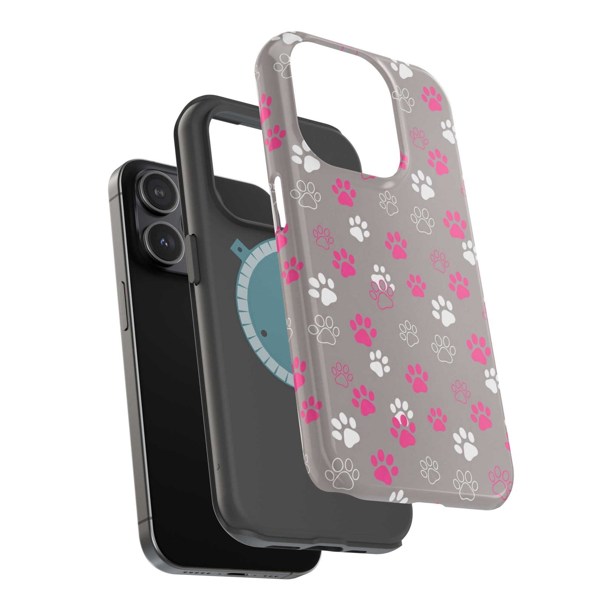 Pink & White Paw Print Phone Case — Impact-Resistant Wireless Charging Cover