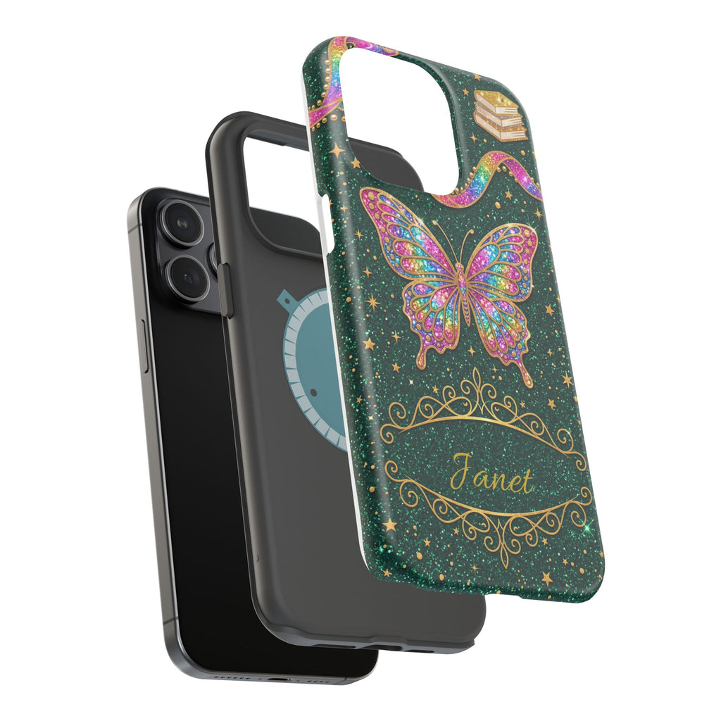 Rainbow Glitter Butterfly Personalized Teacher Phone Case — Wireless Charging Cover