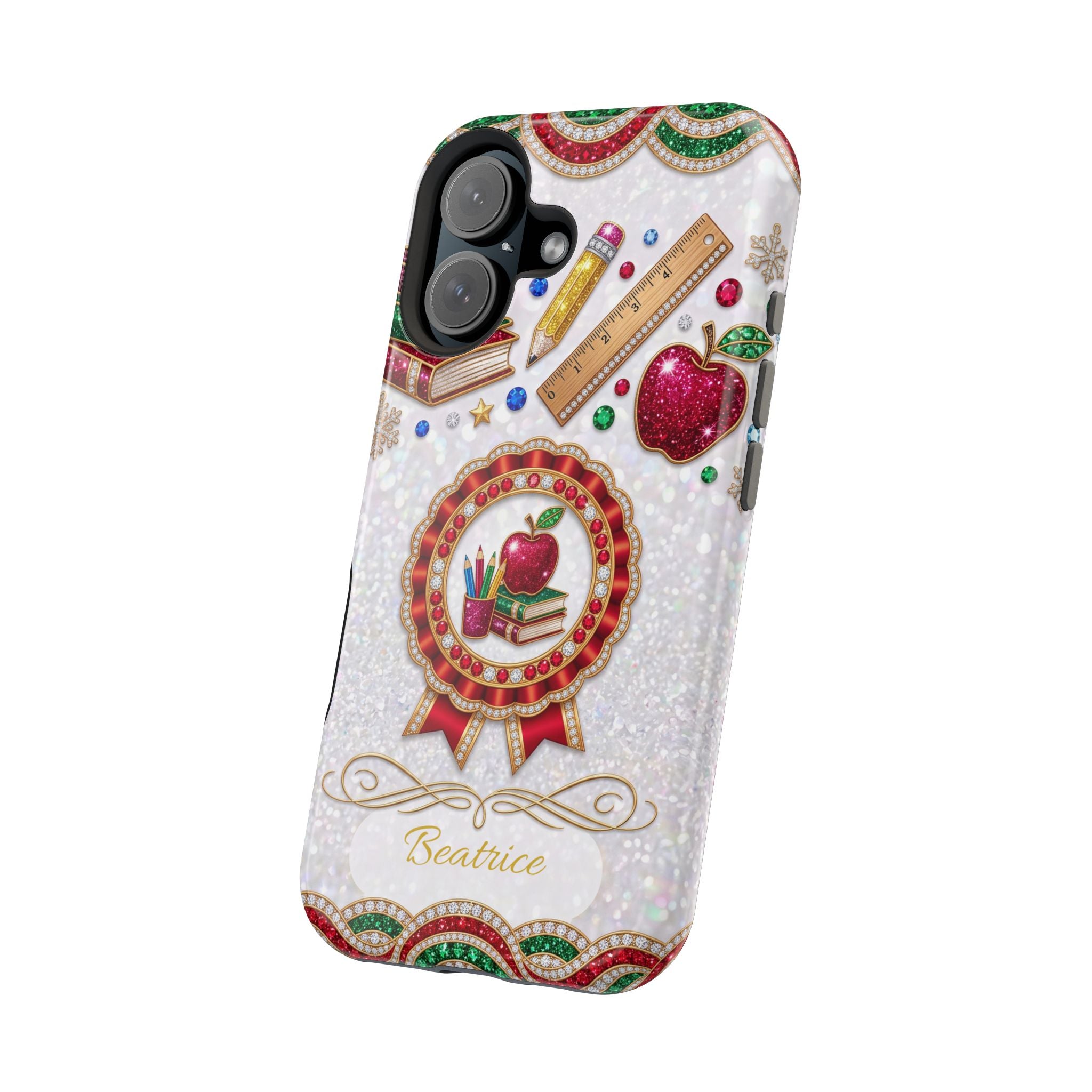 Jeweled Apple Medallion Personalized Teacher Phone Case — Wireless Charging Cover