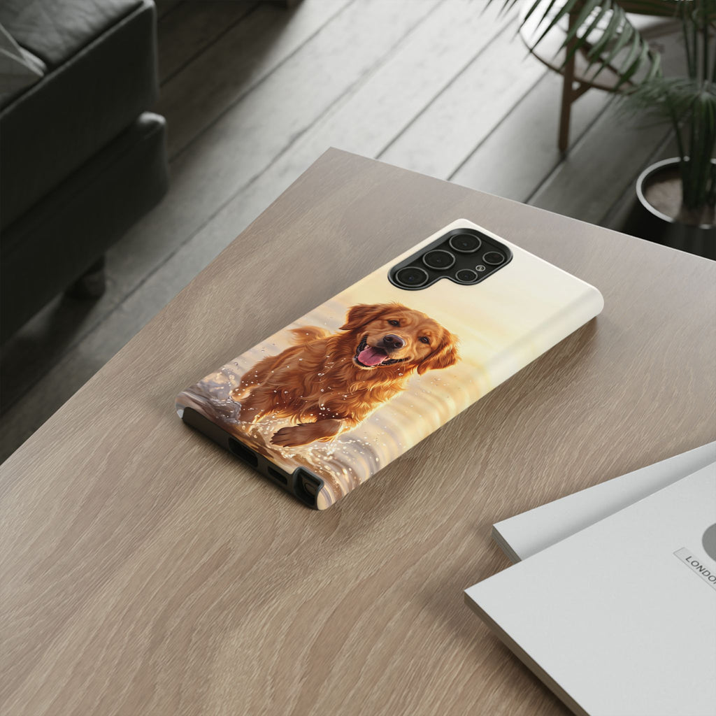 Golden Retriever Splashing in Water Phone Case | Joyful Dog at Golden Hour | iPhone & Samsung