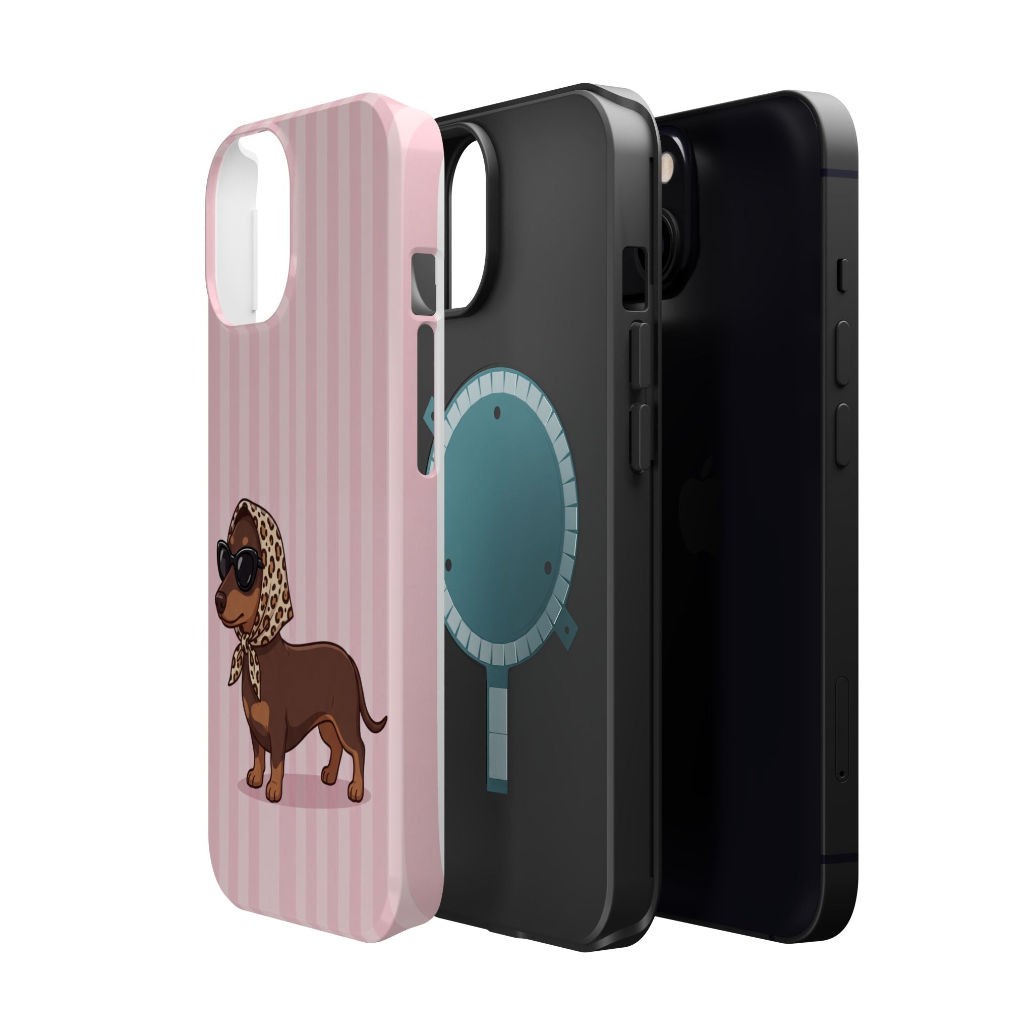 Glam Dachshund Phone Case | Cute Sausage Dog in Leopard Scarf & Sunglasses | Pink Stripe Case for iPhone & Samsung