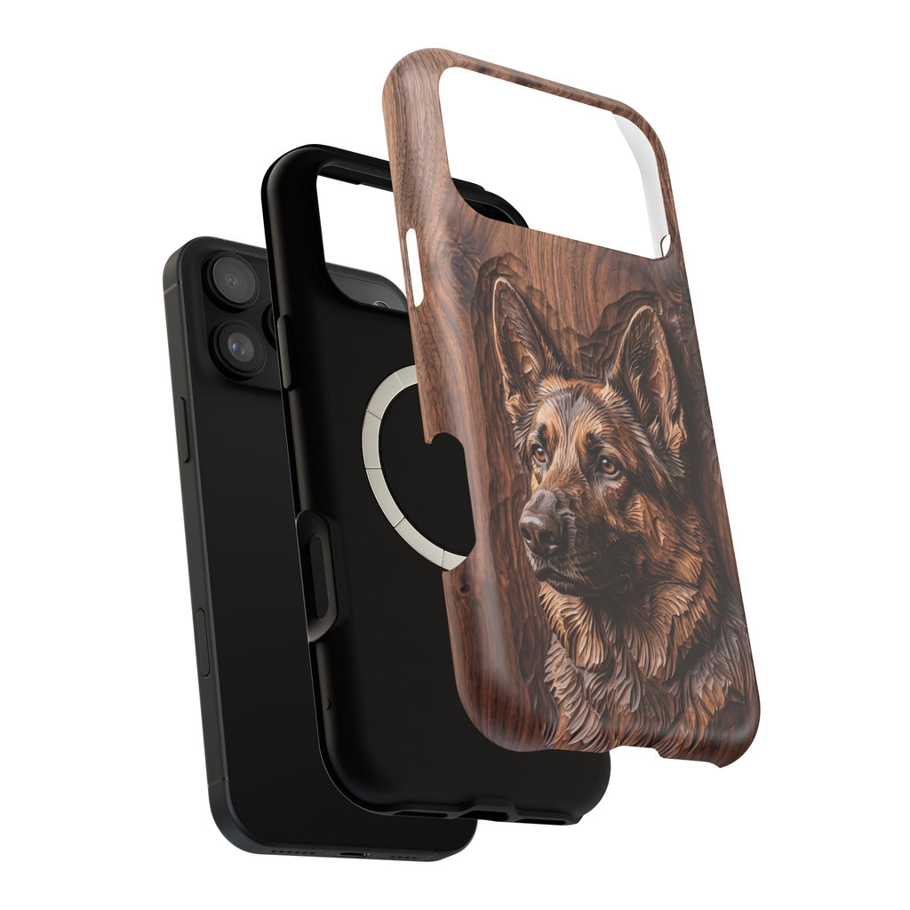 German Shepherd Phone Case | Carved Walnut Art — Tough Magnetic Case with Wireless Charging