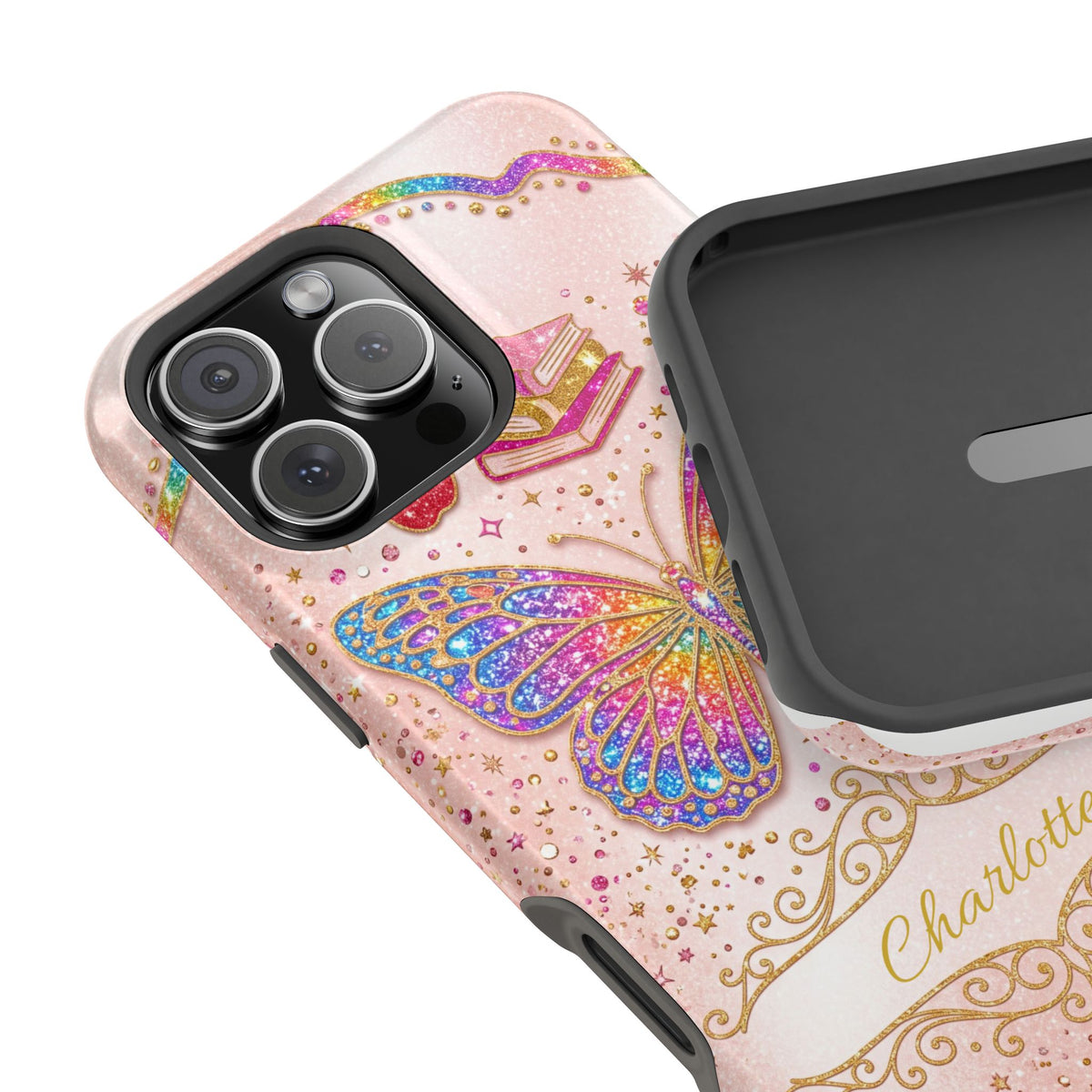 Blush Glitter Butterfly Personalized Teacher Phone Case — Wireless Charging Cover