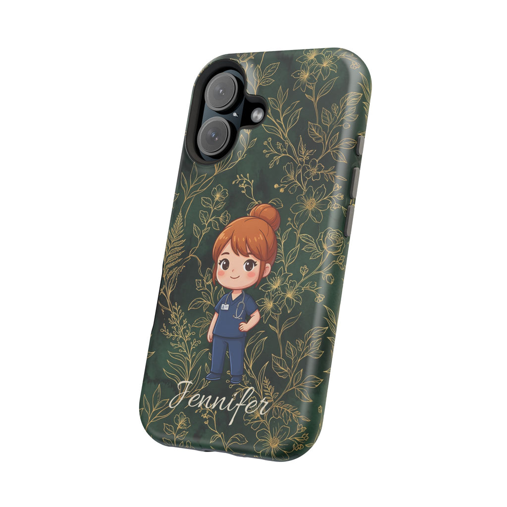 Personalized Nurse Botanical Phone Case — Impact-Resistant Wireless Charging Cover