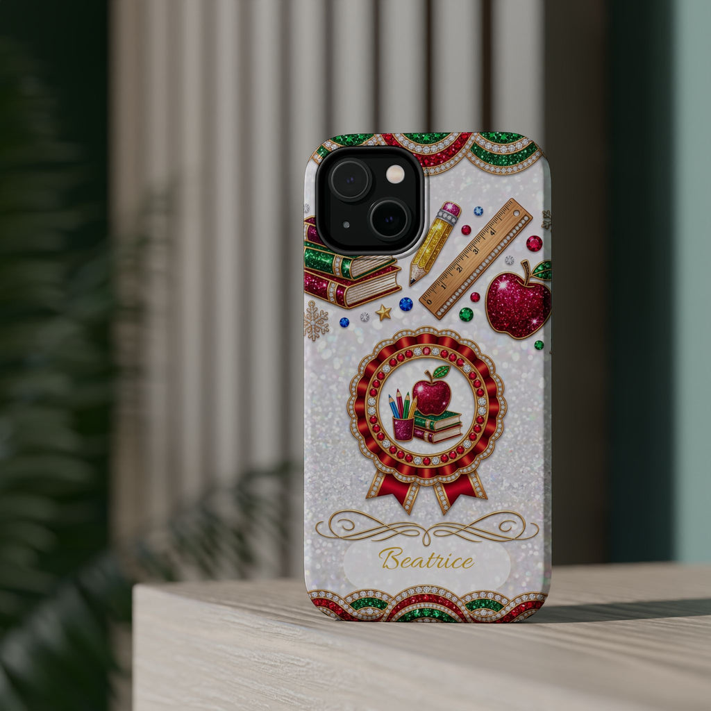 Jeweled Apple Medallion Personalized Teacher Phone Case — Wireless Charging Cover