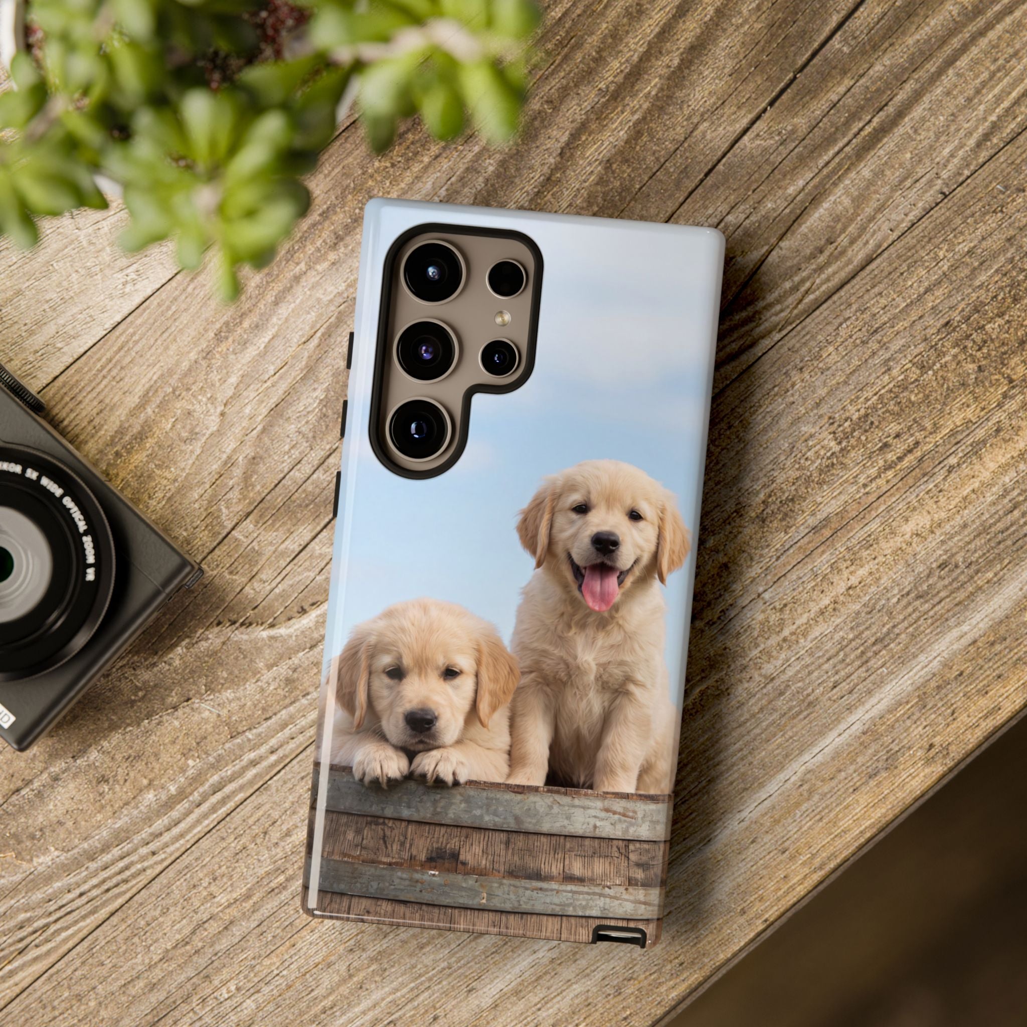 Golden Retriever Puppies on Barrel Phone Case | Cute Duo Under Blue Sky | iPhone & Samsung