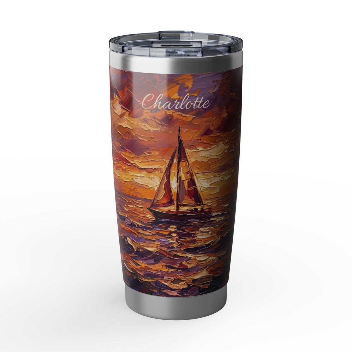 Sailing Personalized Tumbler | Palette Knife Sunset Art — 20 oz Stainless Travel Mug