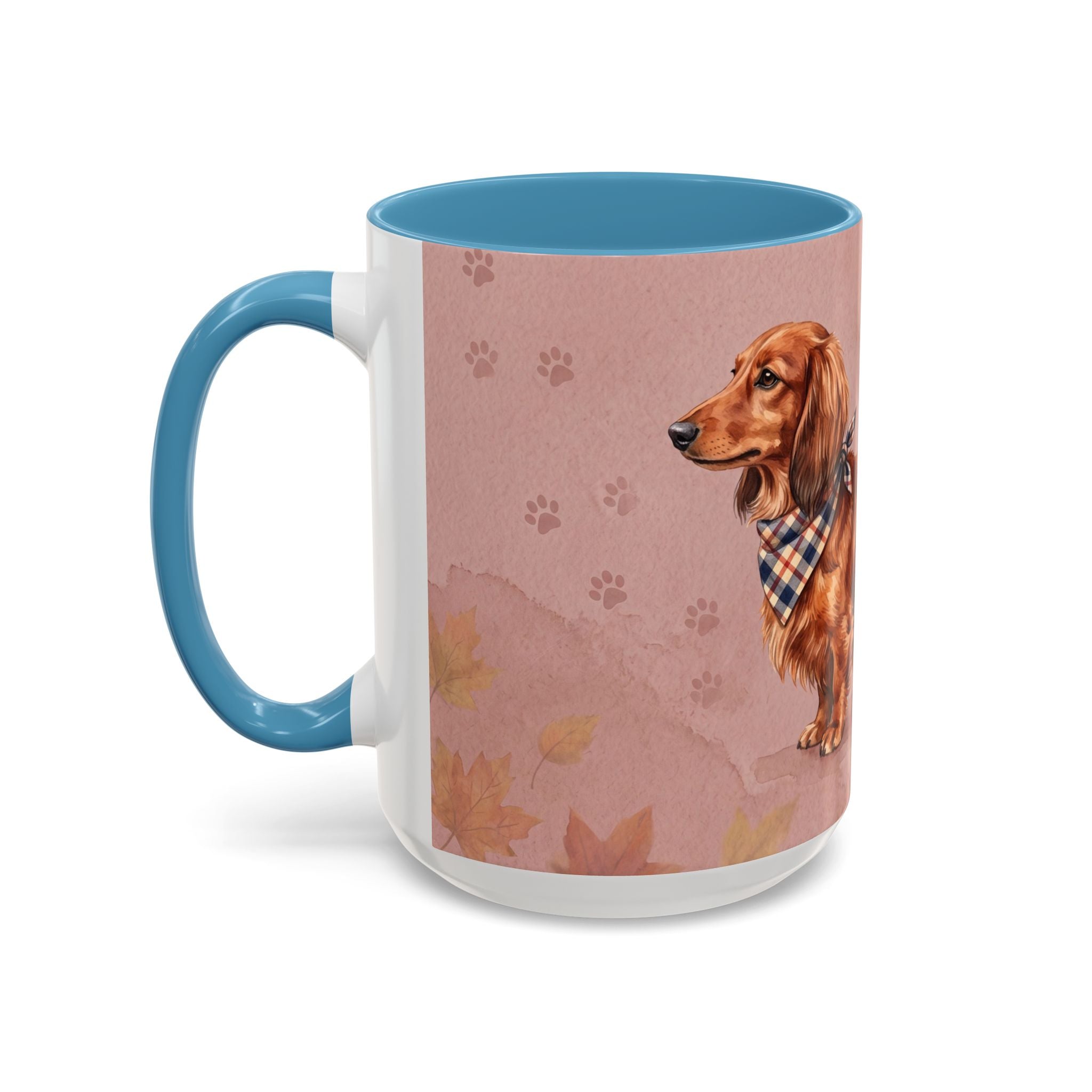 Dachshund Lover Mug | Long-Haired Wiener Dog with Plaid Bandana, Dusty Rose Watercolor Dog Gift