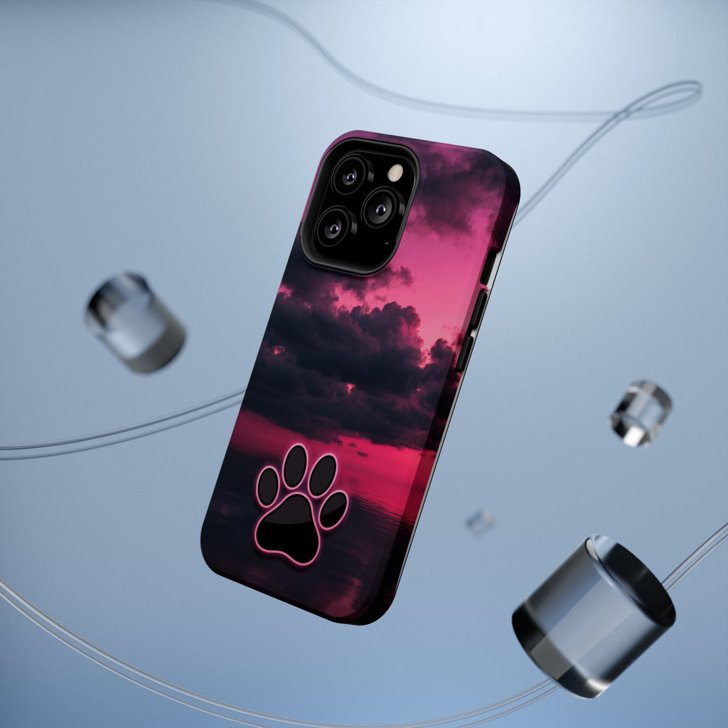 iPhone & Samsung Magnetic Impact-Resistant Phone Case — Pink Twilight Cloud with Paw Print