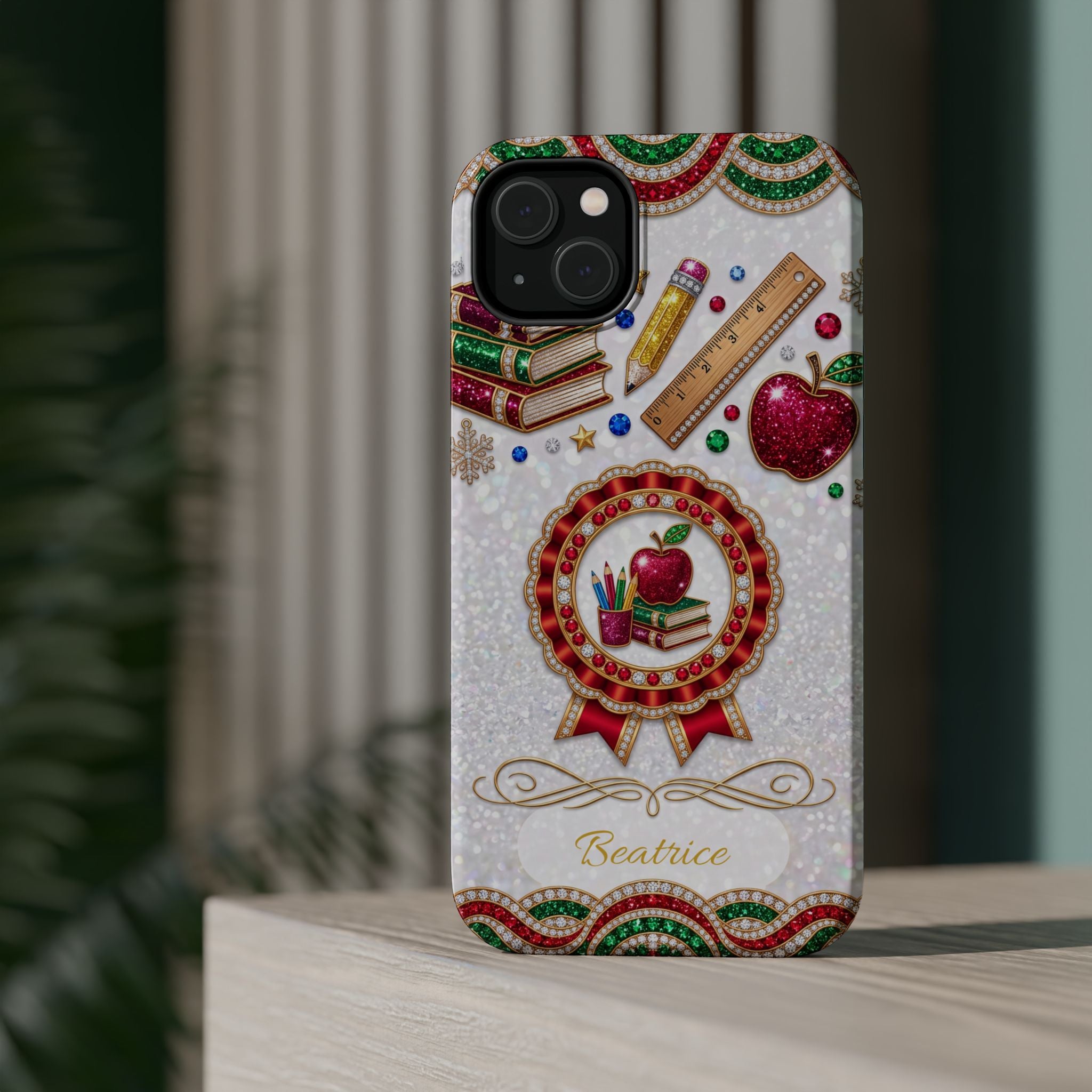 Jeweled Apple Medallion Personalized Teacher Phone Case — Wireless Charging Cover