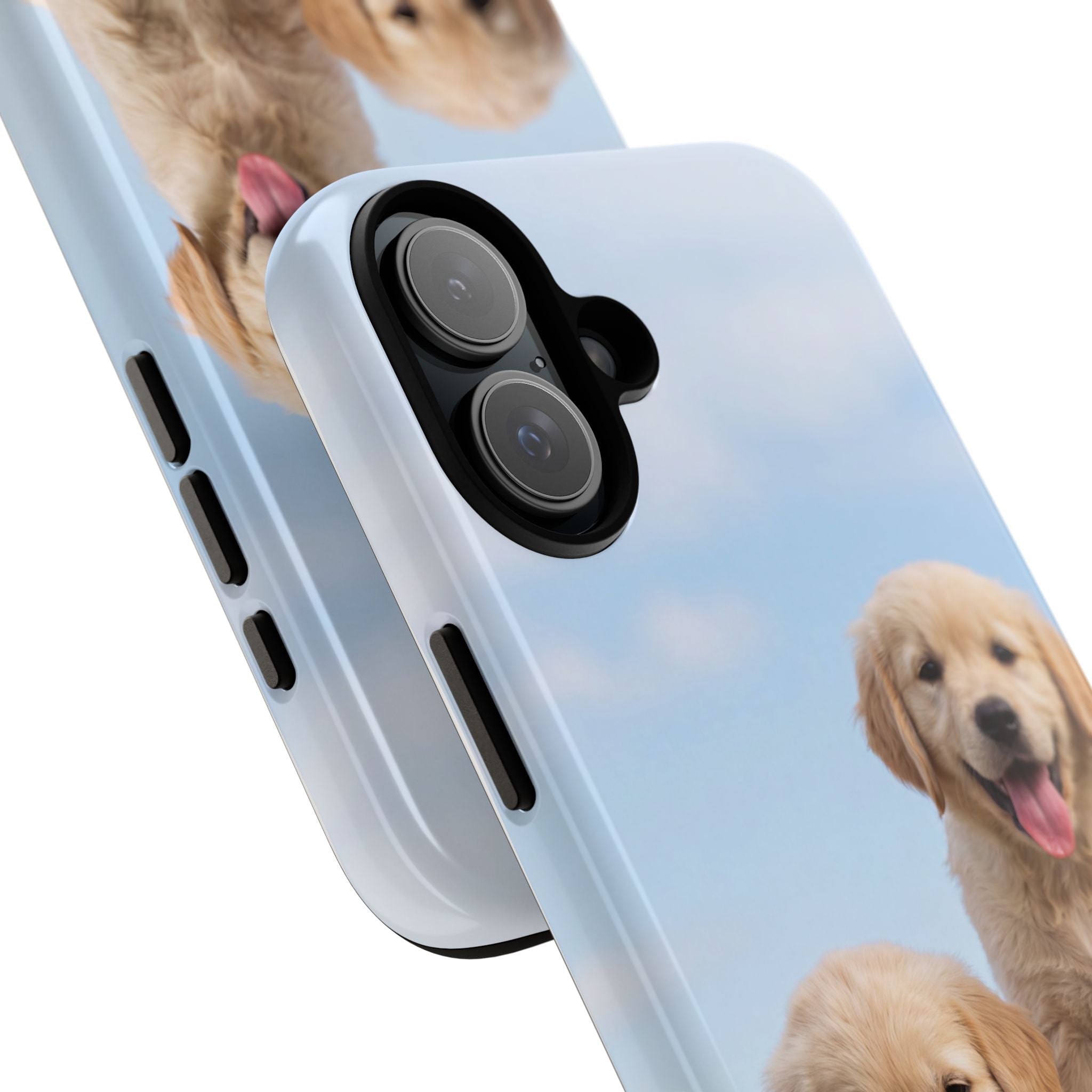 Golden Retriever Puppies on Barrel Phone Case | Cute Duo Under Blue Sky | iPhone & Samsung