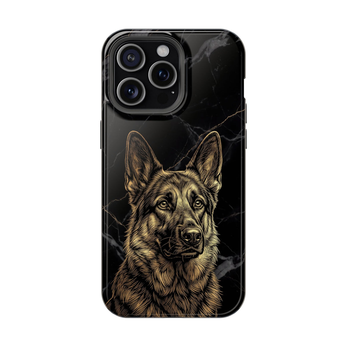 German Shepherd Phone Case | Black Marble Gold Sketch Art — Tough Magnetic Case with Wireless Charging