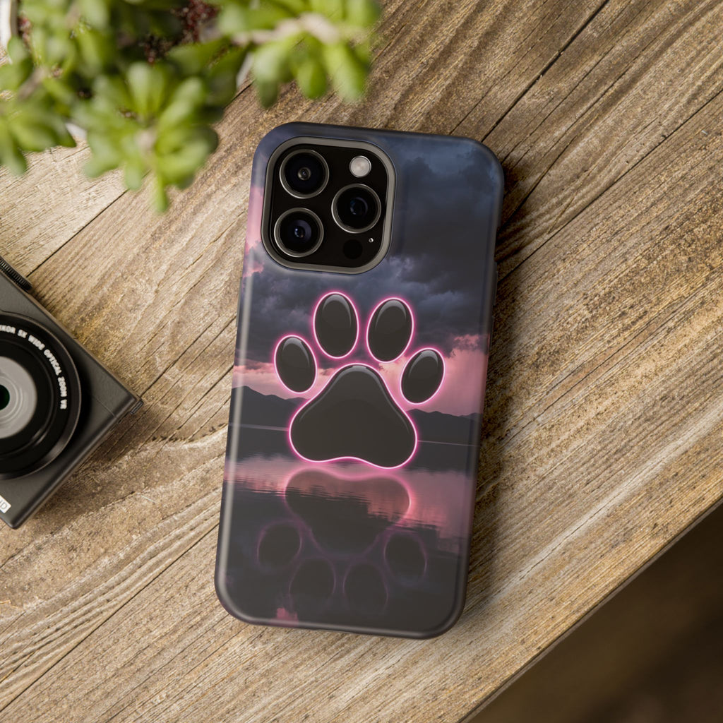 Neon Paw Print Phone Case — Impact-Resistant Wireless Charging Cover