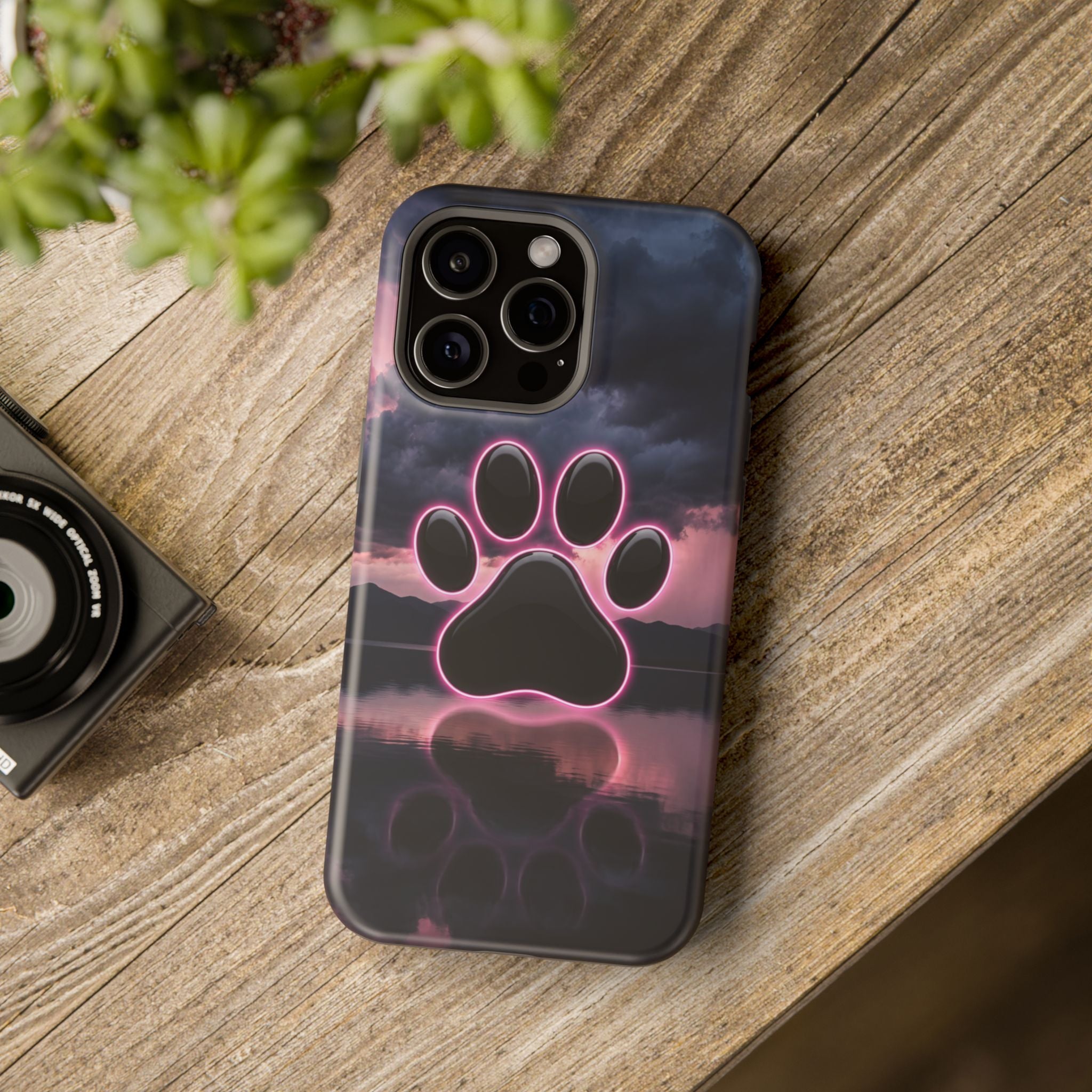 Neon Paw Print Phone Case — Impact-Resistant Wireless Charging Cover