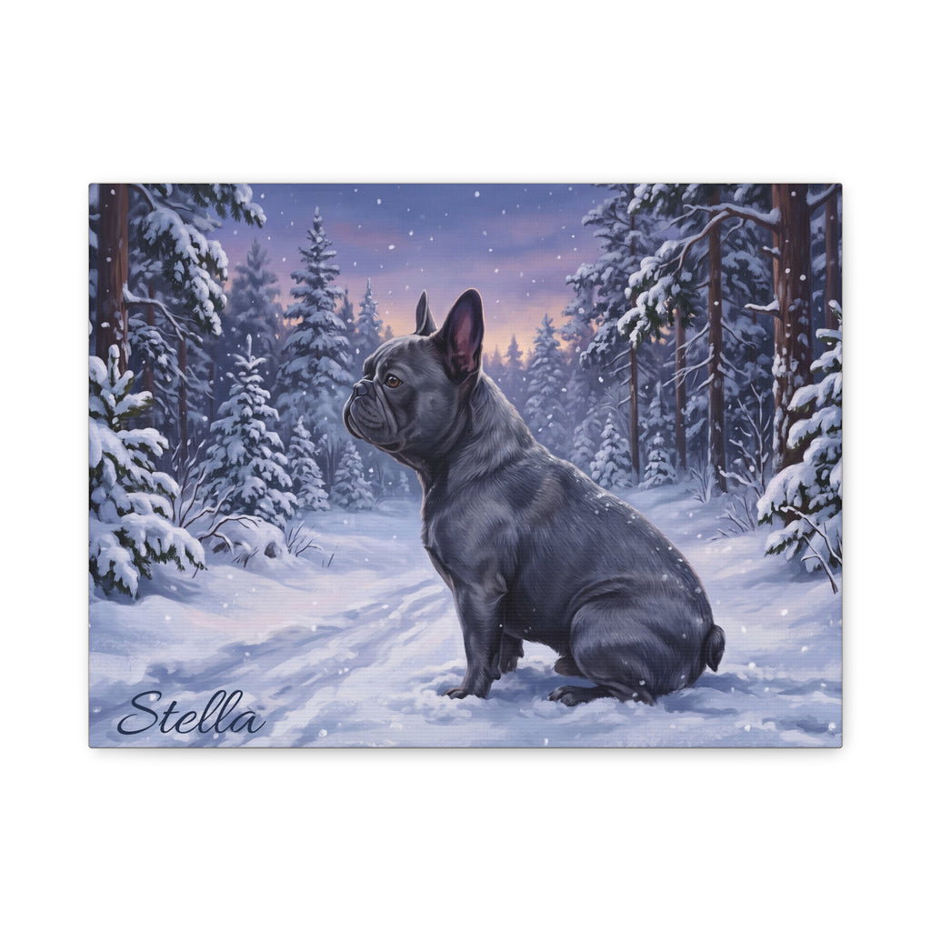 French Bulldog Personalized Canvas | Twilight Snowy Pine Forest Wall Art