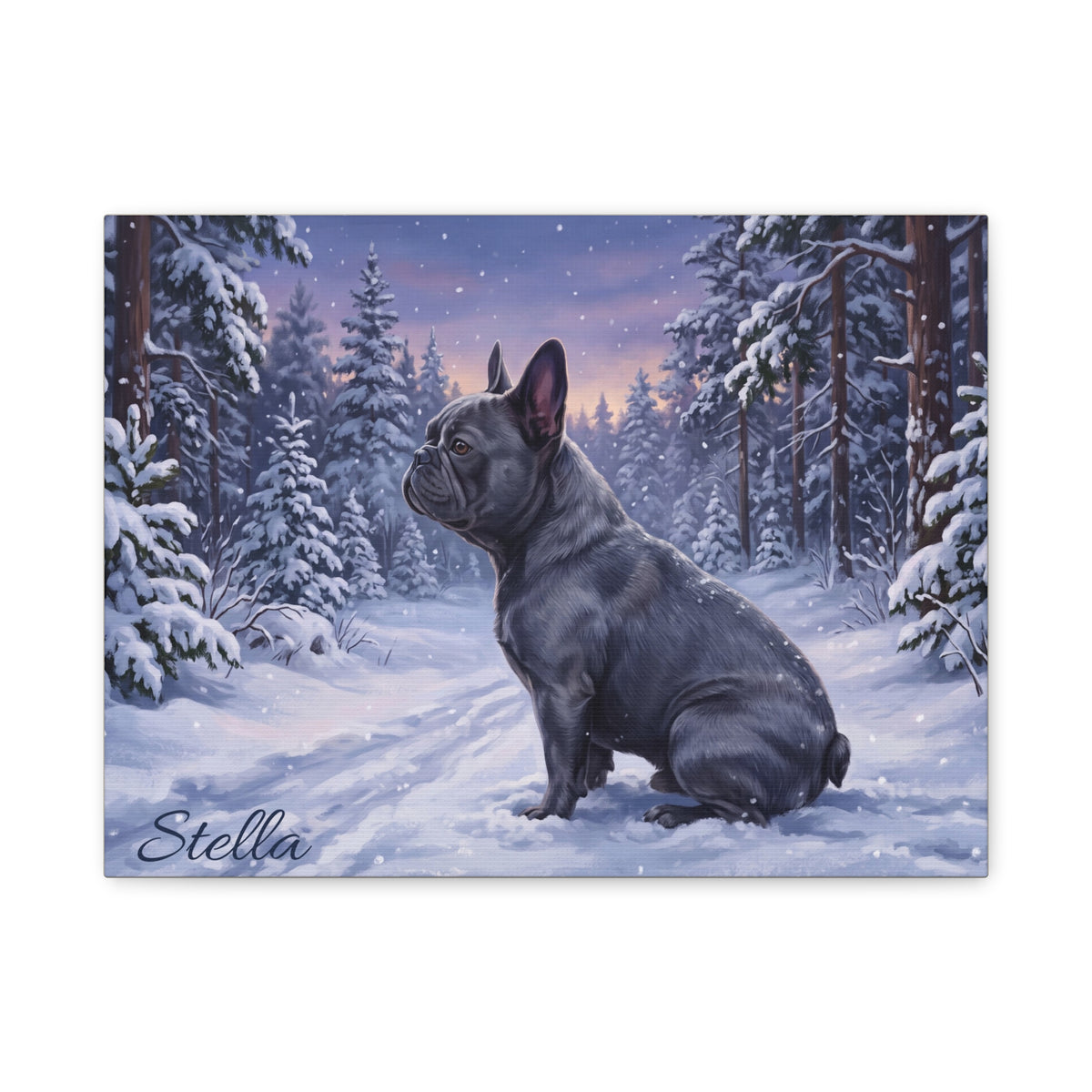 French Bulldog Personalized Canvas | Twilight Snowy Pine Forest Wall Art