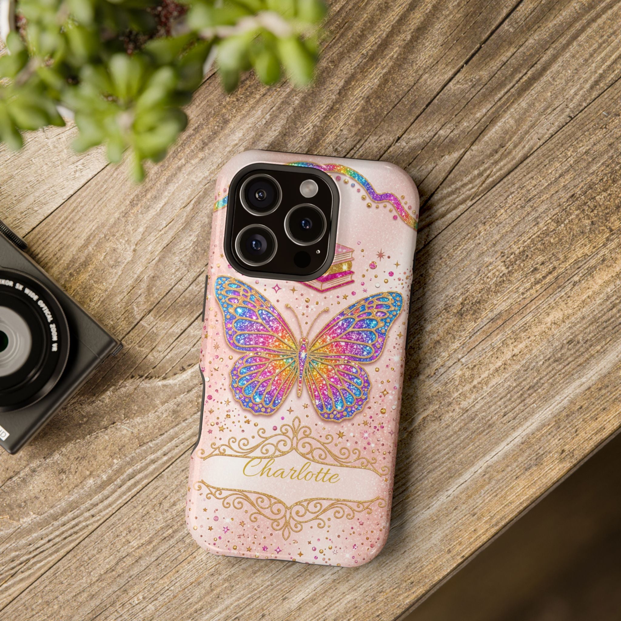 Blush Glitter Butterfly Personalized Teacher Phone Case — Wireless Charging Cover