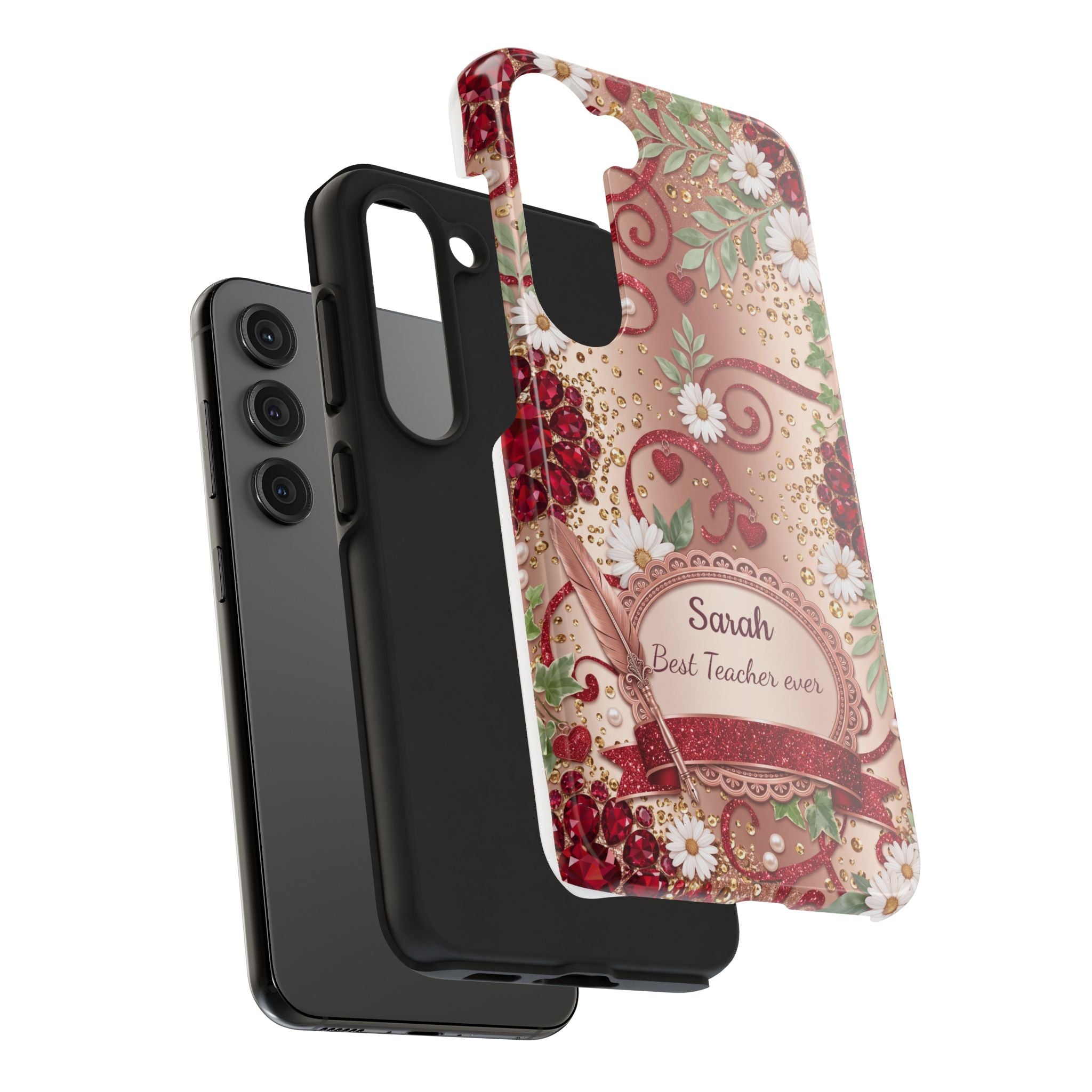 Personalized Teacher Phone Case — Custom Name and Message - Floral Jeweled Design