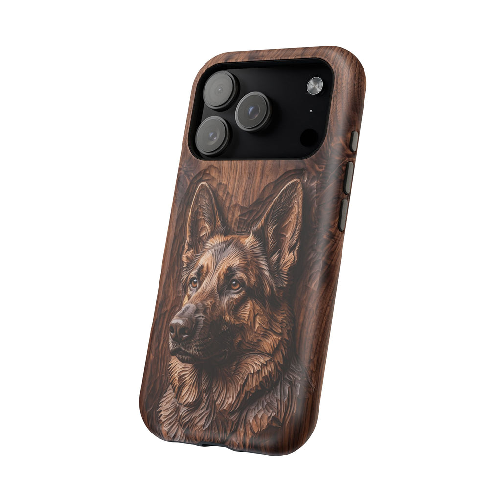 German Shepherd Phone Case | Carved Walnut Art — Tough Magnetic Case with Wireless Charging