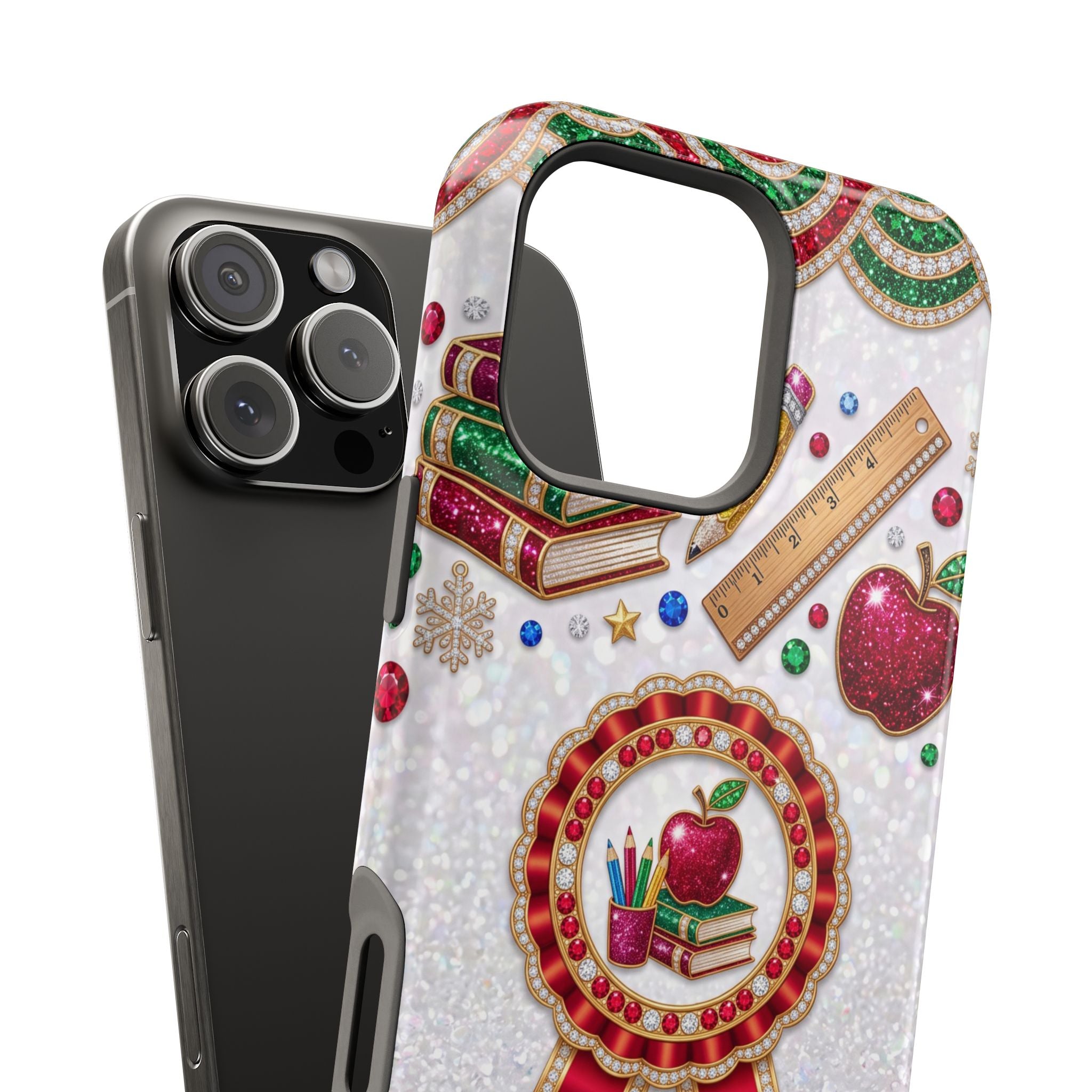 Jeweled Apple Medallion Personalized Teacher Phone Case — Wireless Charging Cover