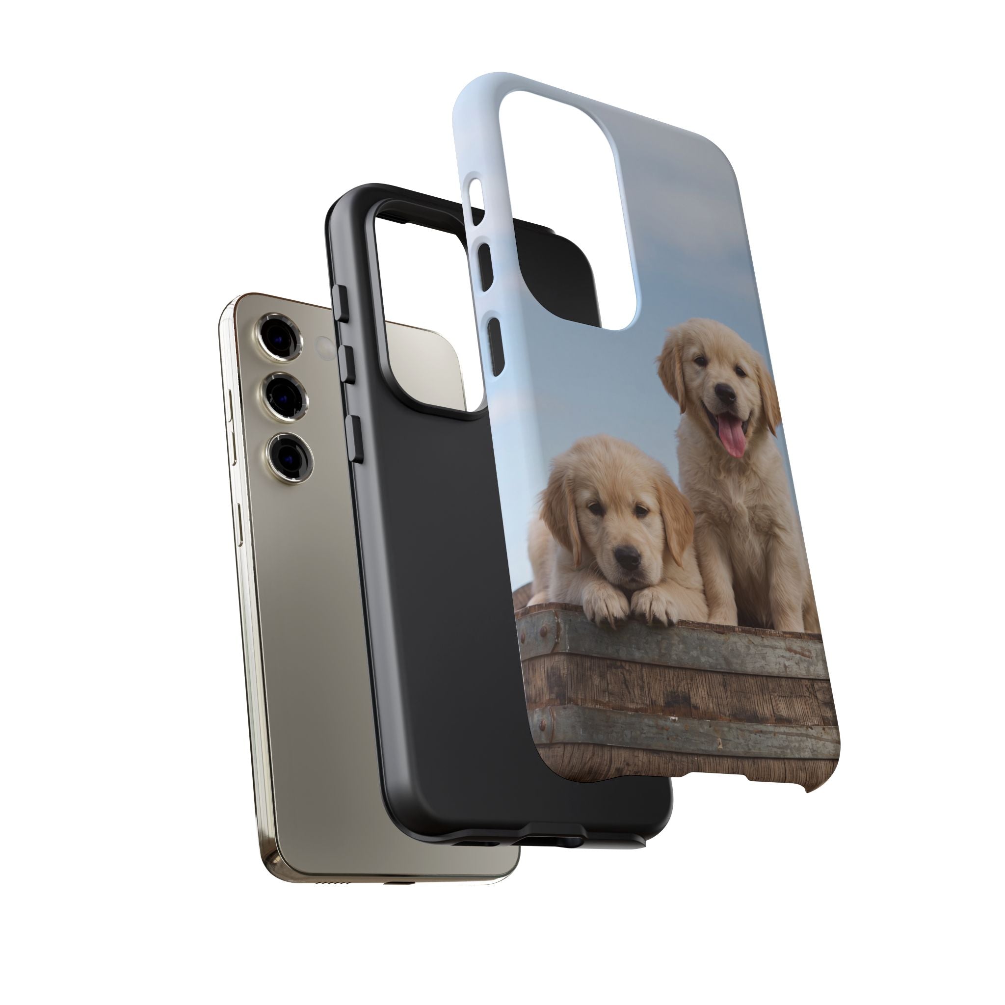 Golden Retriever Puppies on Barrel Phone Case | Cute Duo Under Blue Sky | iPhone & Samsung