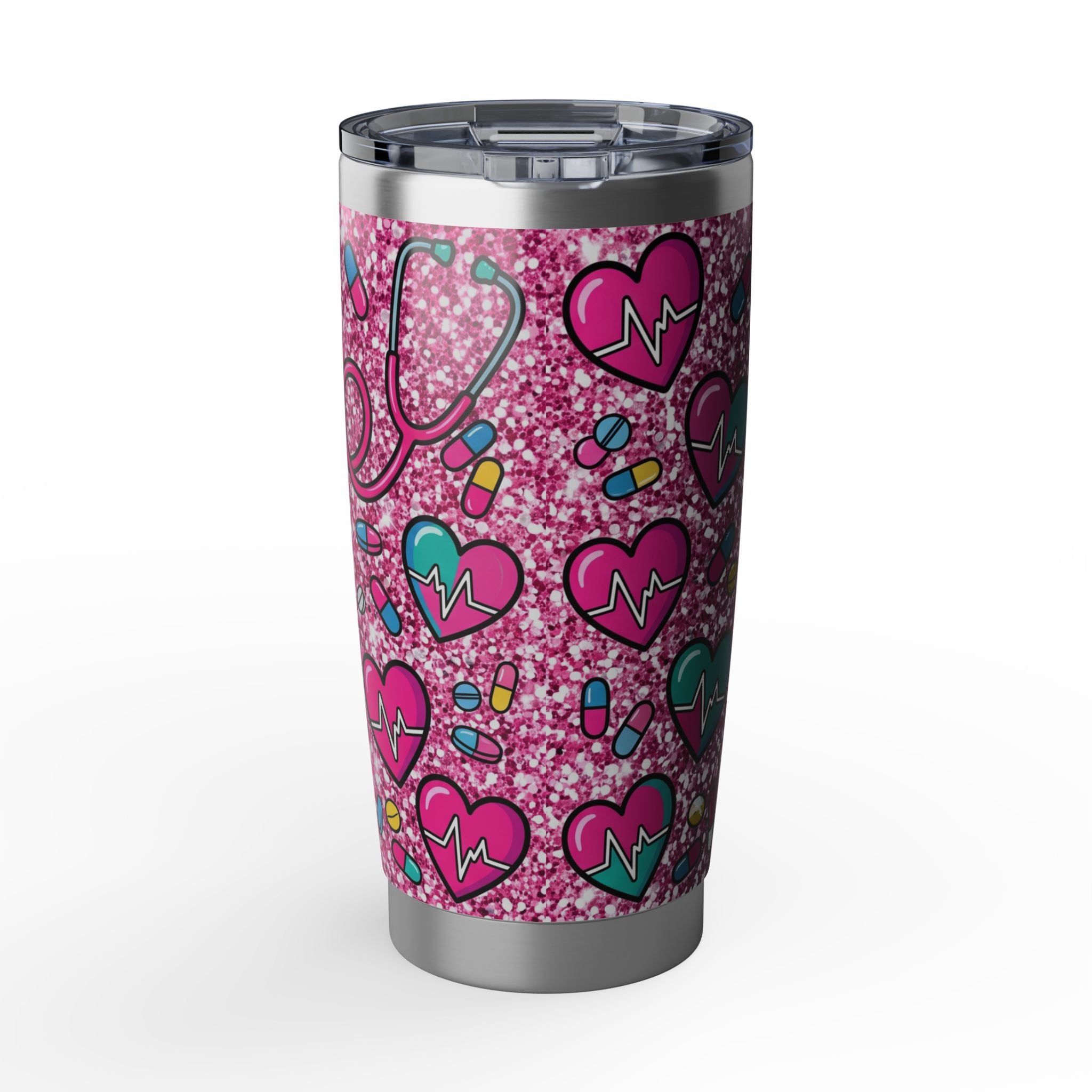 Personalized Nurse Tumbler – Custom Name Pink Glitter Heart Design 20 oz