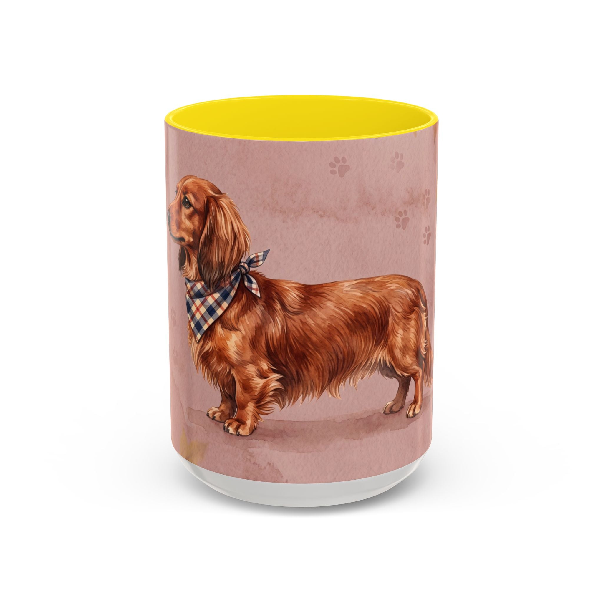 Dachshund Lover Mug | Long-Haired Wiener Dog with Plaid Bandana, Dusty Rose Watercolor Dog Gift
