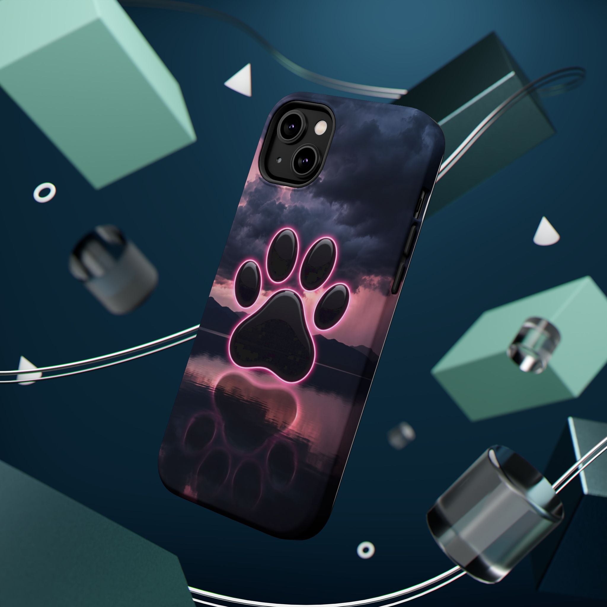 Neon Paw Print Phone Case — Impact-Resistant Wireless Charging Cover