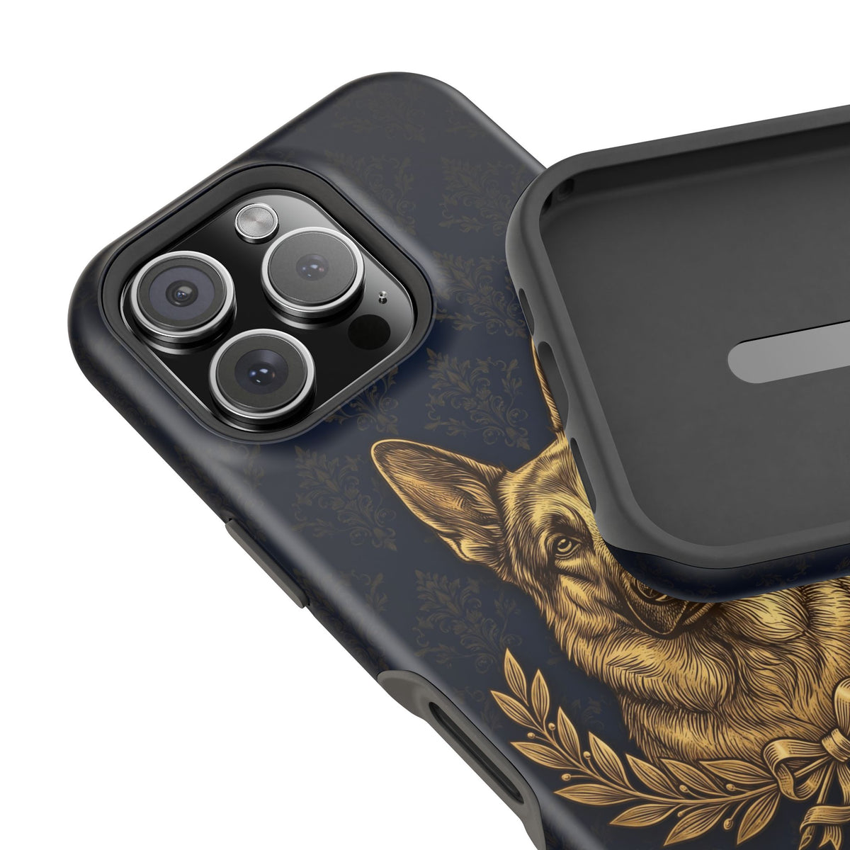 German Shepherd Phone Case | Navy Gold Laurel Art — Tough Magnetic Case with Wireless Charging