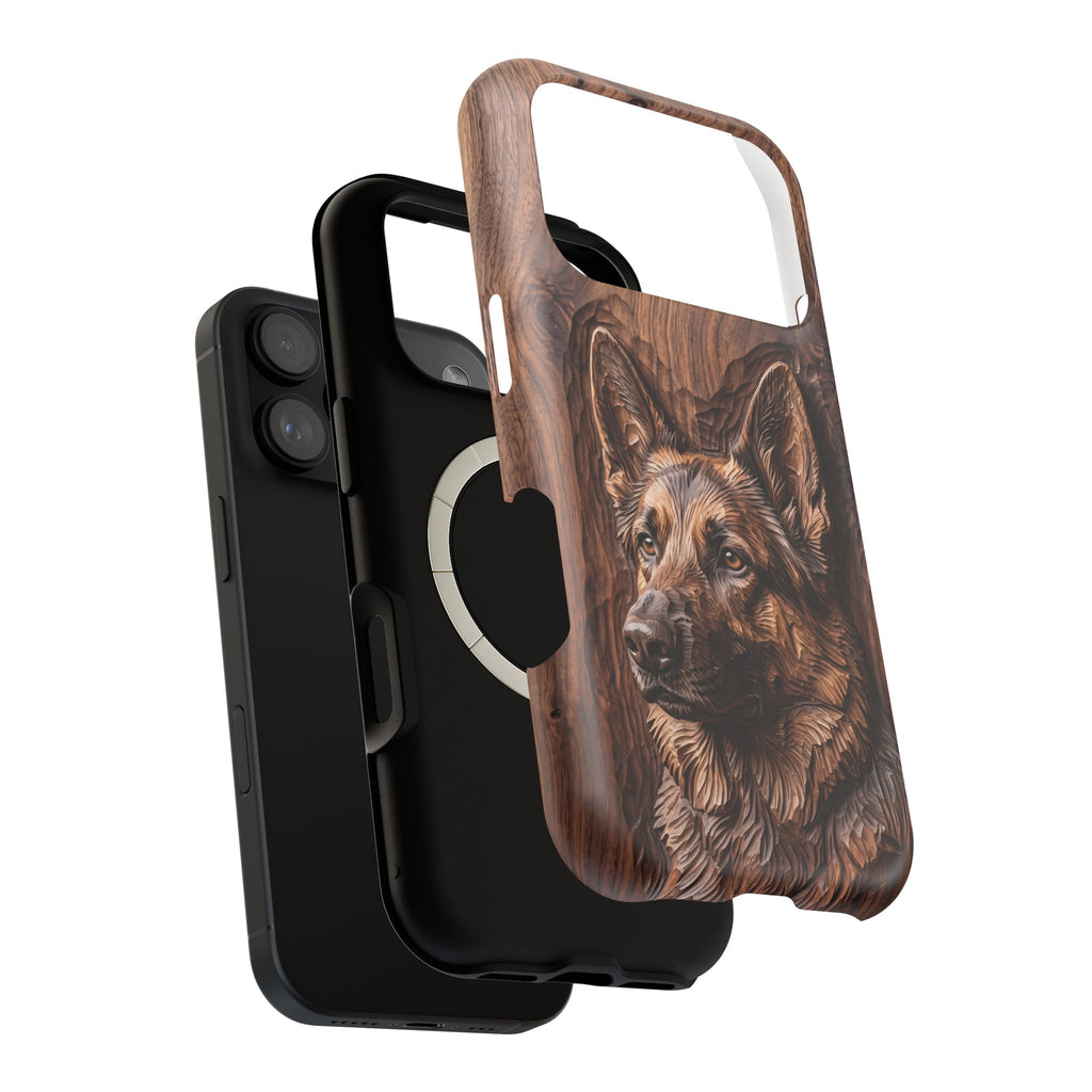 German Shepherd Phone Case | Carved Walnut Art — Tough Magnetic Case with Wireless Charging