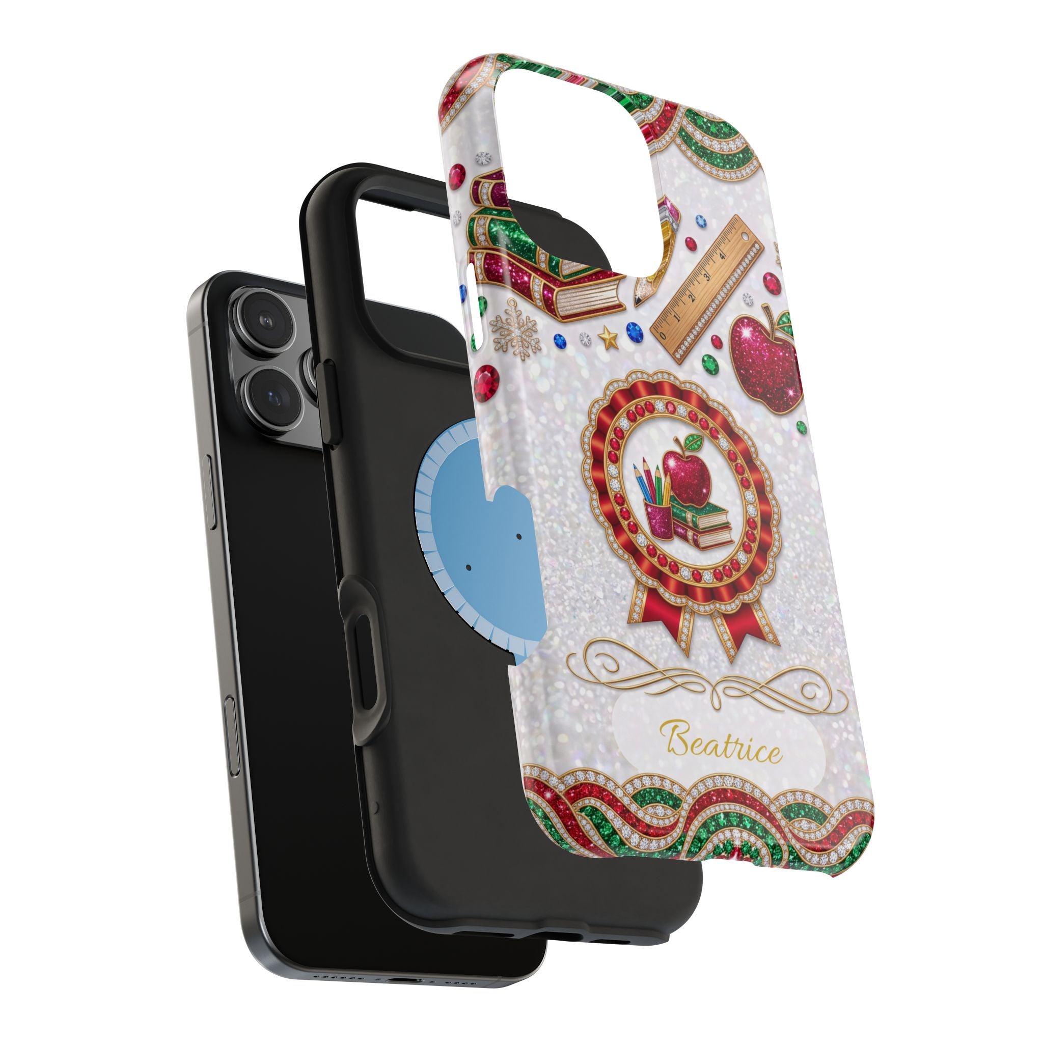 Jeweled Apple Medallion Personalized Teacher Phone Case — Wireless Charging Cover