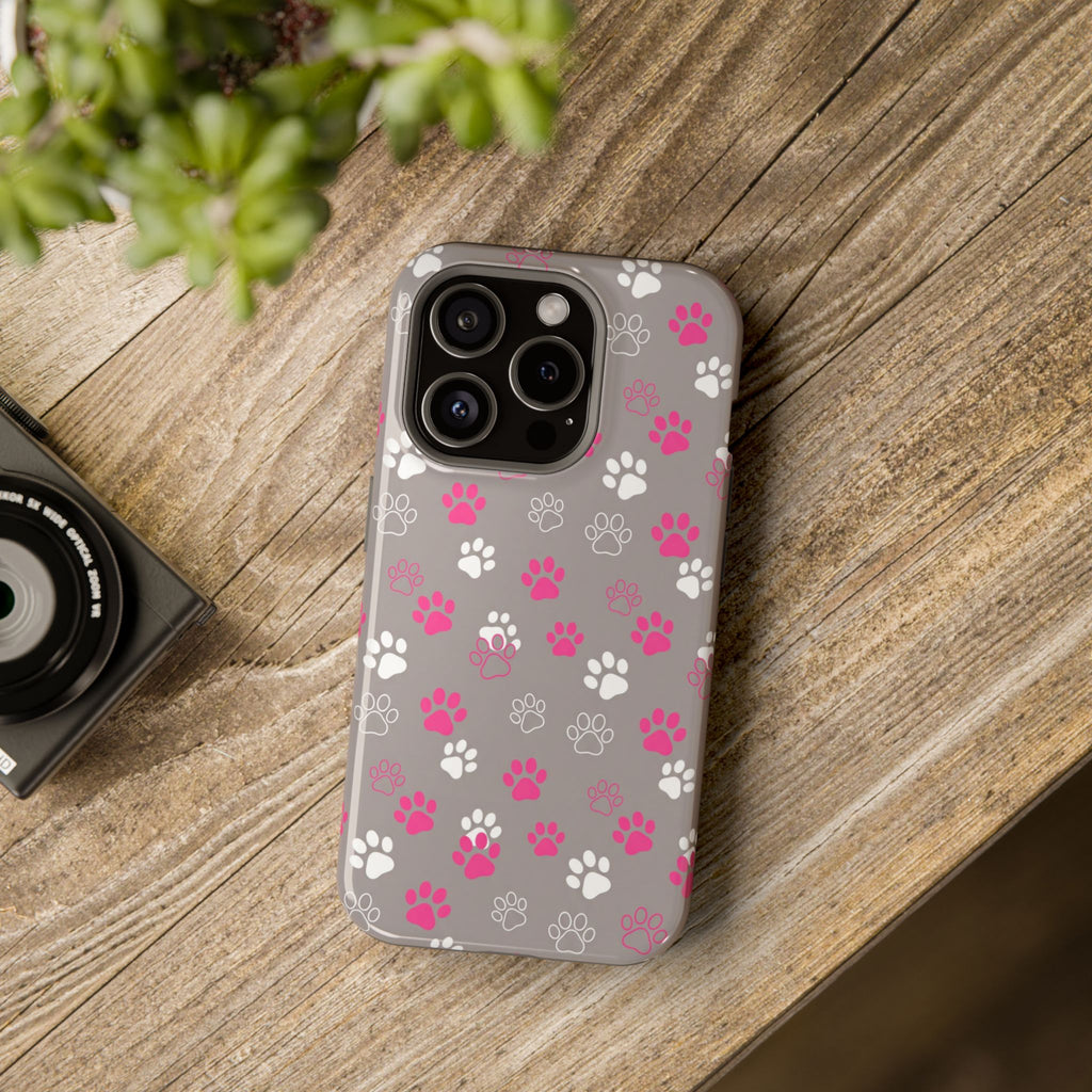 Pink & White Paw Print Phone Case — Impact-Resistant Wireless Charging Cover