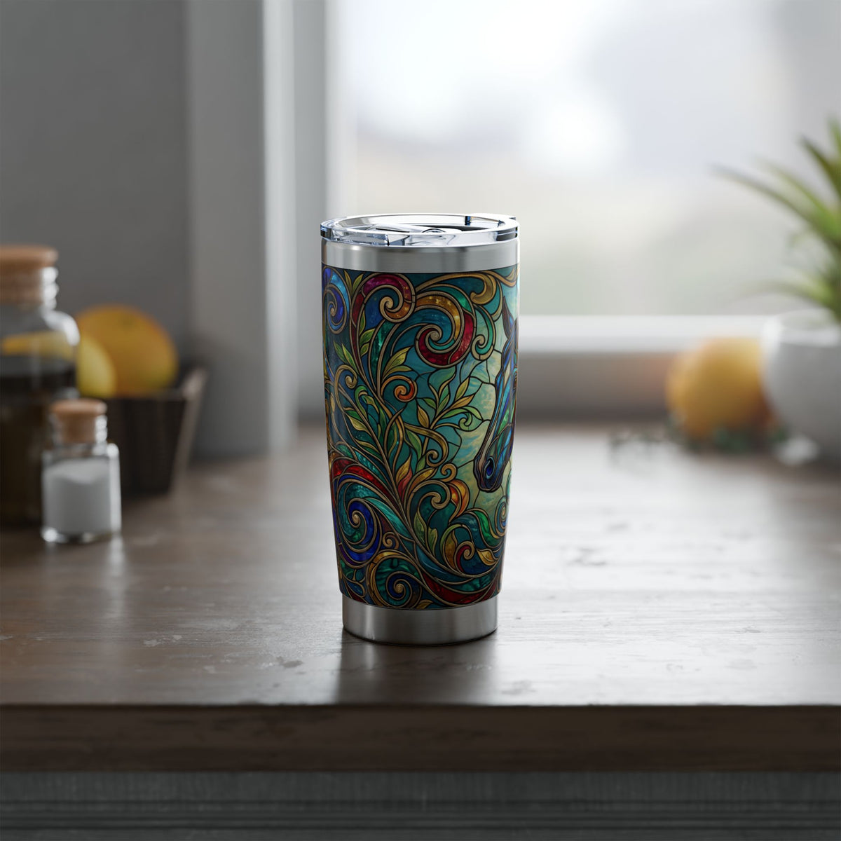 Horse Tumbler | Stained Glass Swirl Art — 20 oz Stainless Travel Mug